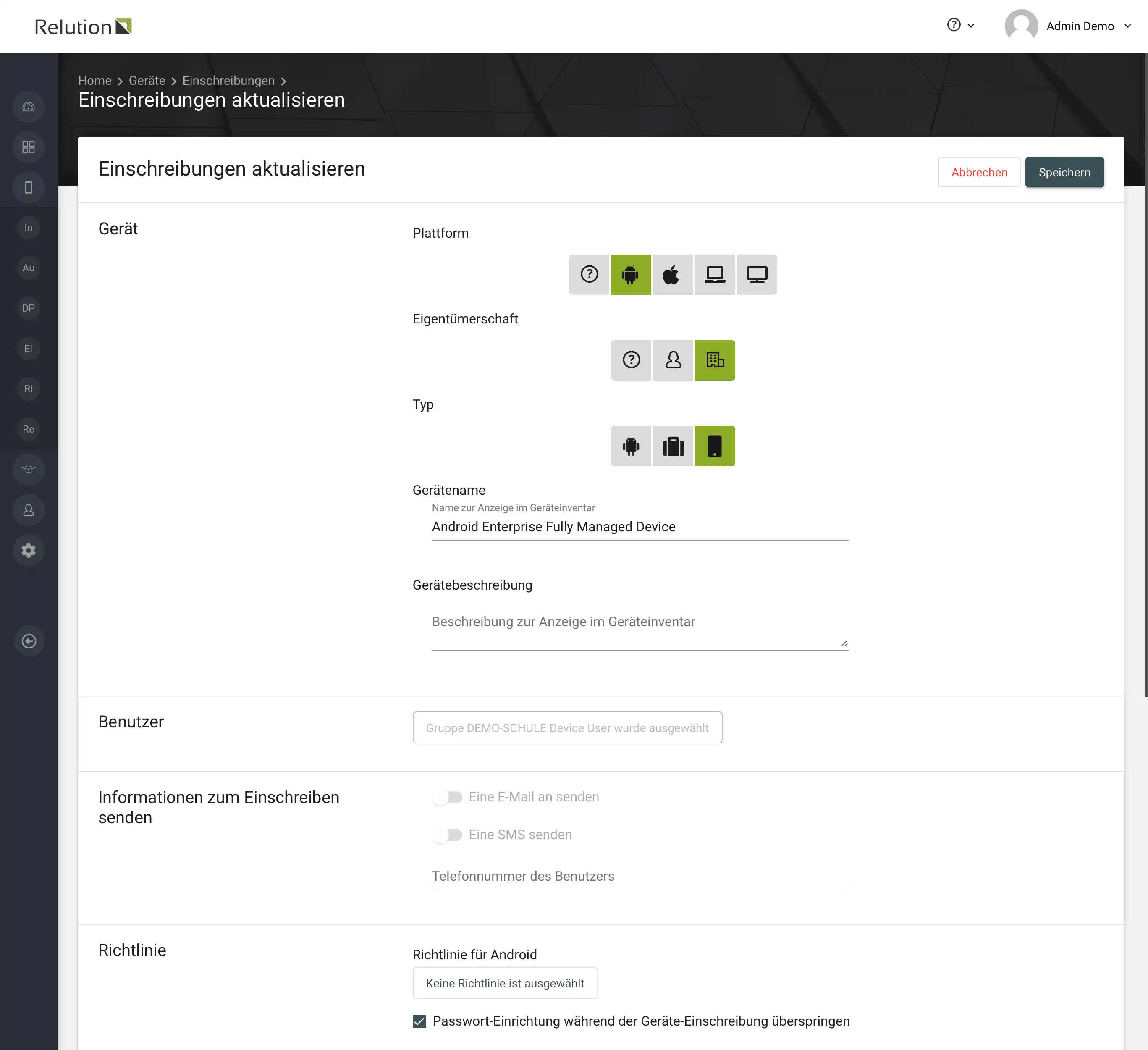 Option in Relution zur Einrichtung von Android Enterprise Geräten ohne Passwortabfrage während des Einschreibeprozesses