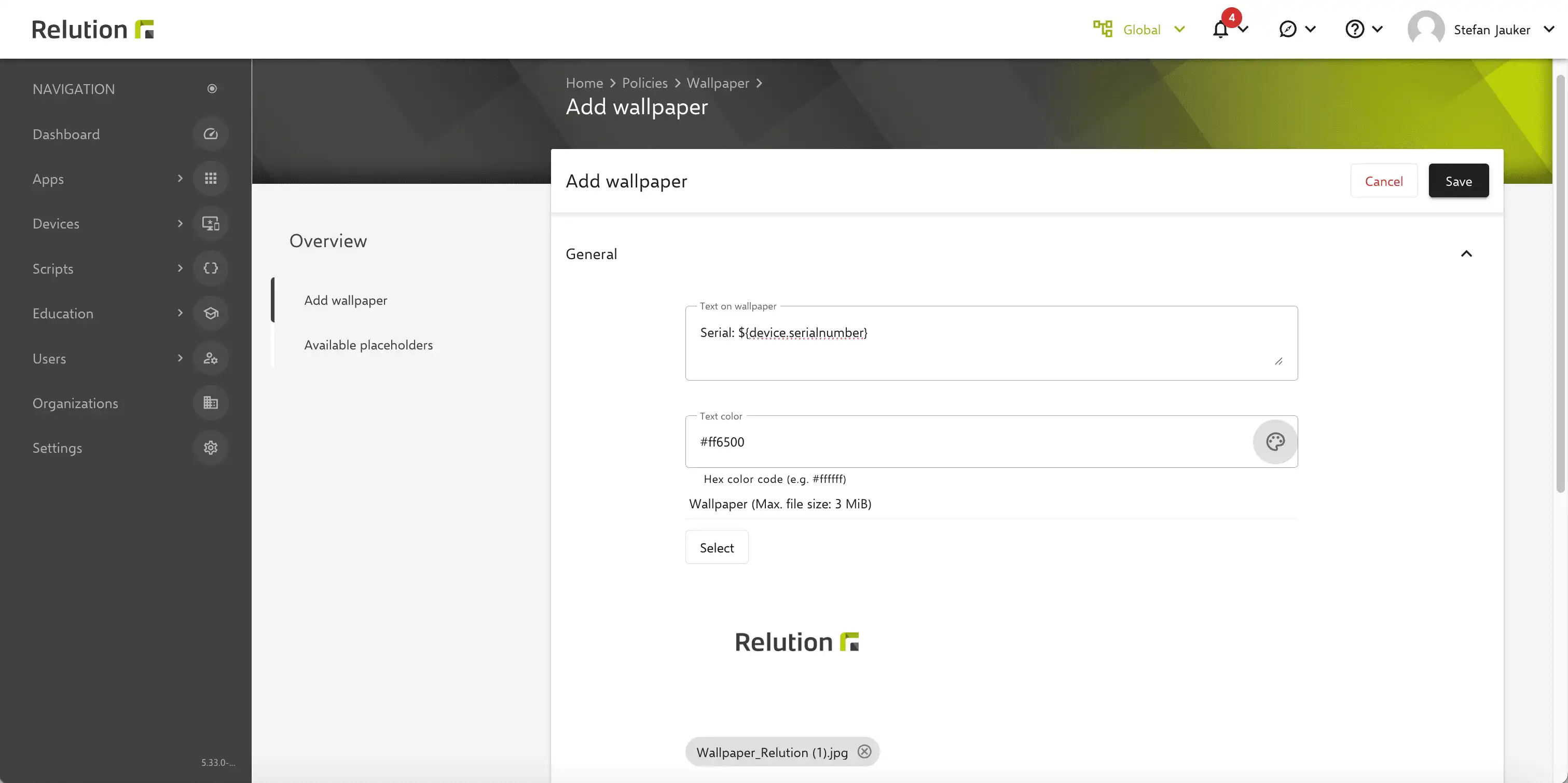 View of the wallpaper configuration in Relution for setting a background image and dynamic text for Android Enterprise and Android Classic devices