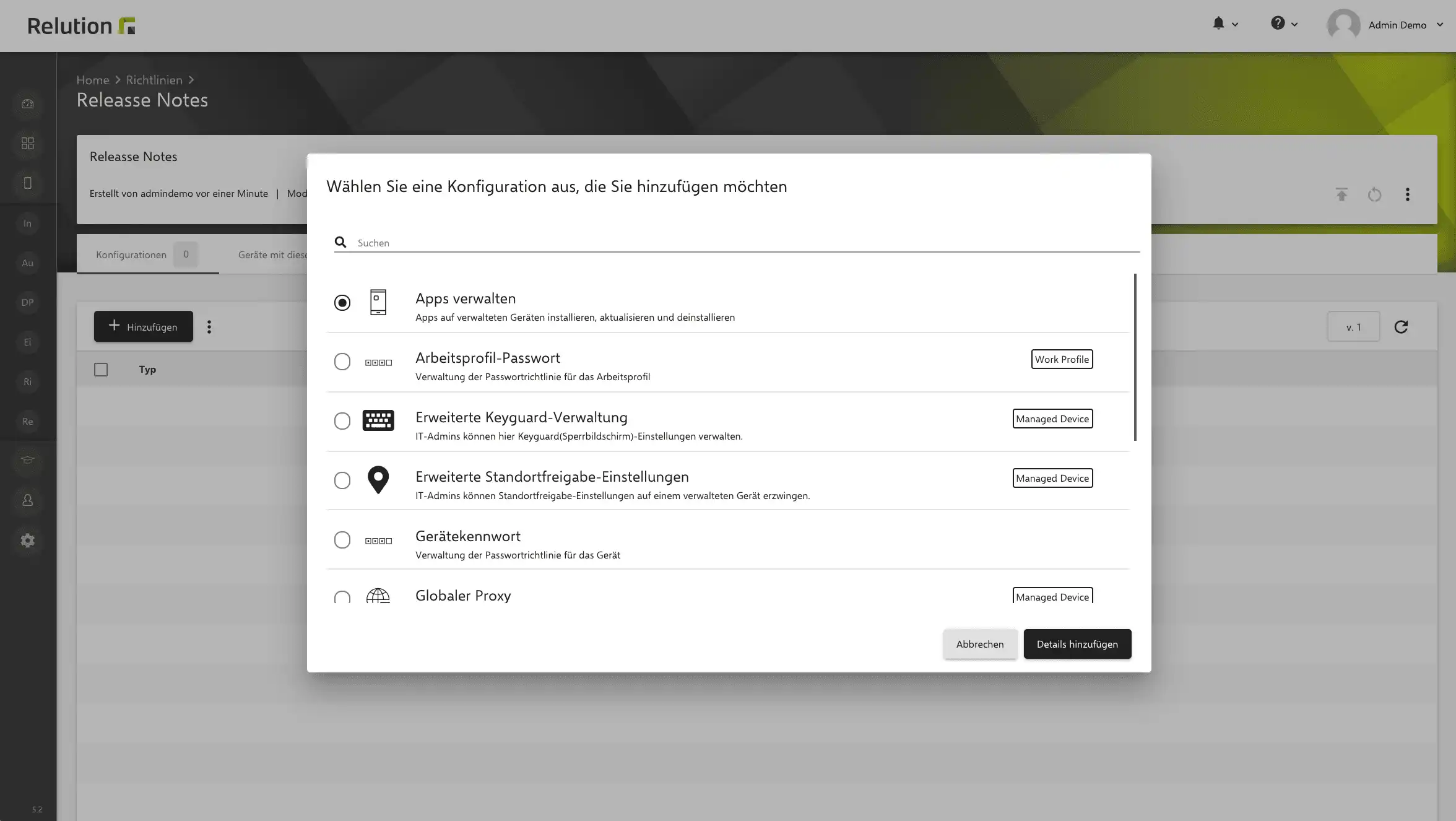 Ansicht der Relution-Konfiguration für Android Enterprise-Geräte mit Optionen für Arbeitsprofile und verwaltete Geräte, einschließlich Einstellungen wie Laufzeitberechtigungen, Apps und Restriktionen