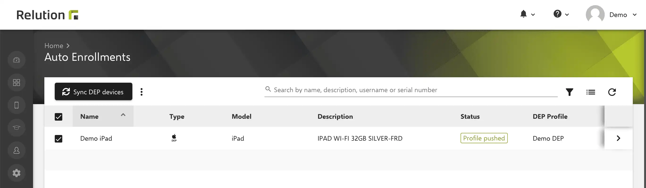 Sección « Auto Enrollments » en Relution para la configuración final de la inscripción automática de nuevos dispositivos DEP