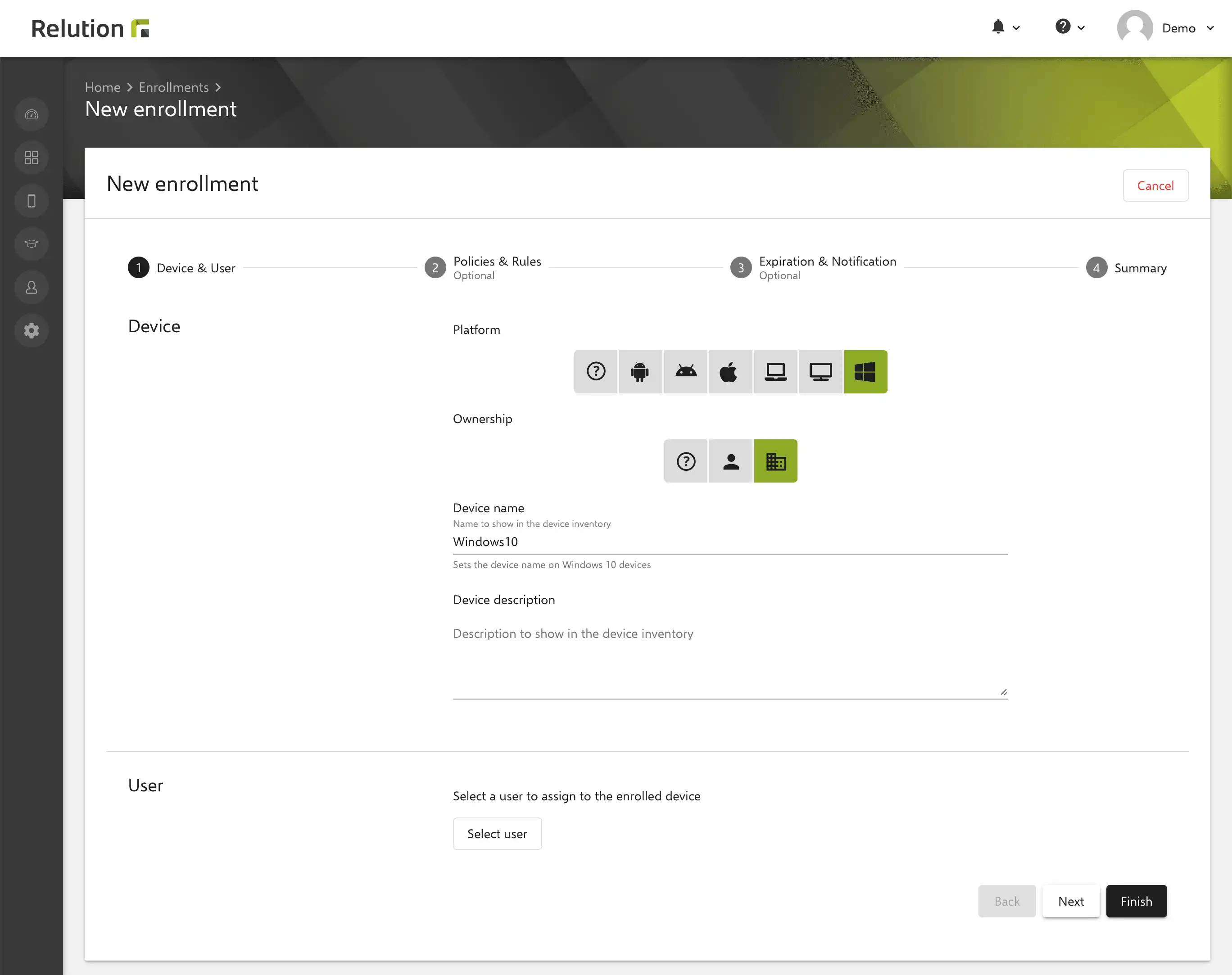 Interfaccia Relution con impostazioni per creare un’iscrizione manuale per la registrazione di massa dei dispositivi Windows 10/11
