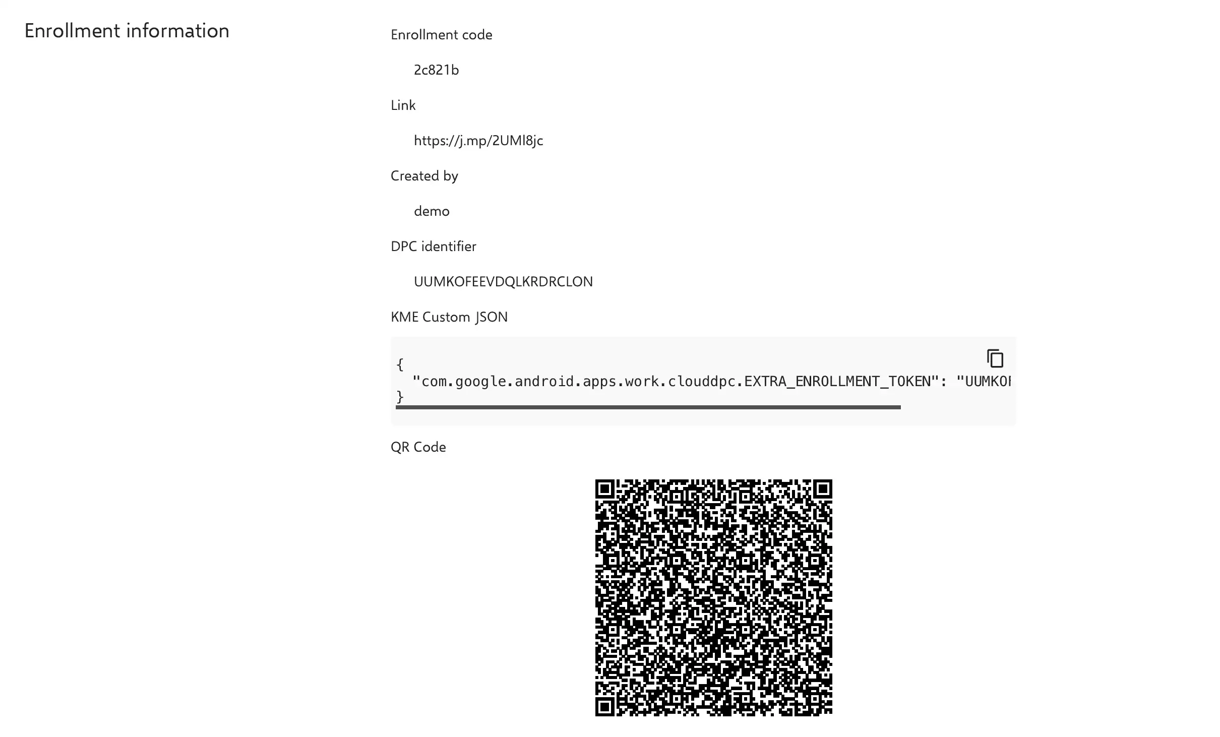 Çoklu Kayıt Kodunun Özel JSON aracılığıyla entegrasyonu seçeneğiyle KME portalındaki Android Enterprise profil ayarlarına genel bakış