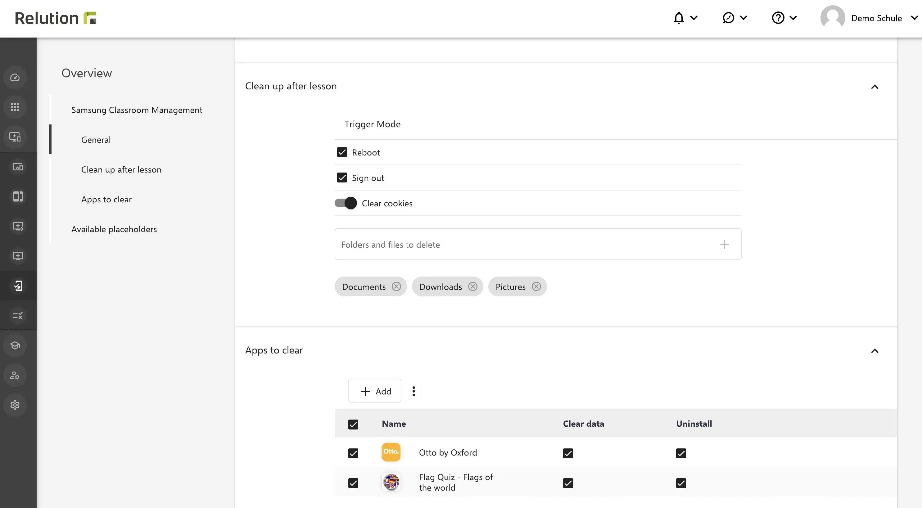 Configuración en Relution para configurar la aplicación Samsung Classroom Management con opciones para eliminar archivos, carpetas y aplicaciones instaladas mediante « Administrar aplicaciones » para Android Enterprise