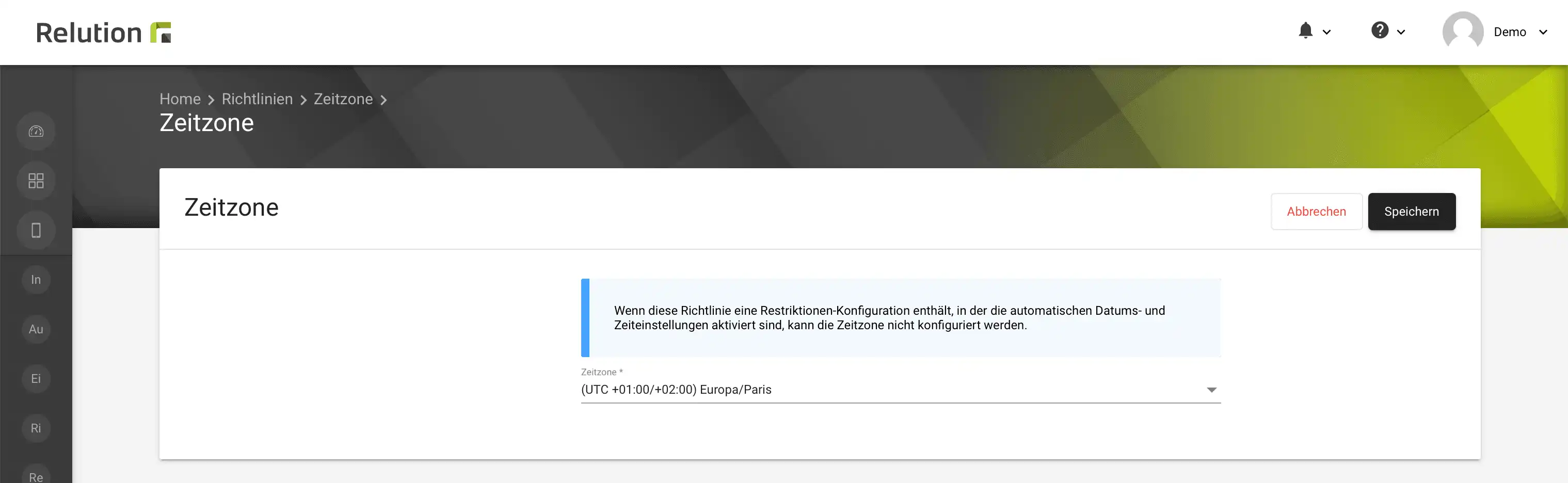 Richtlinienkonfiguration in Relution zur automatischen Übertragung der Zeitzone auf supervised iOS und tvOS Geräte