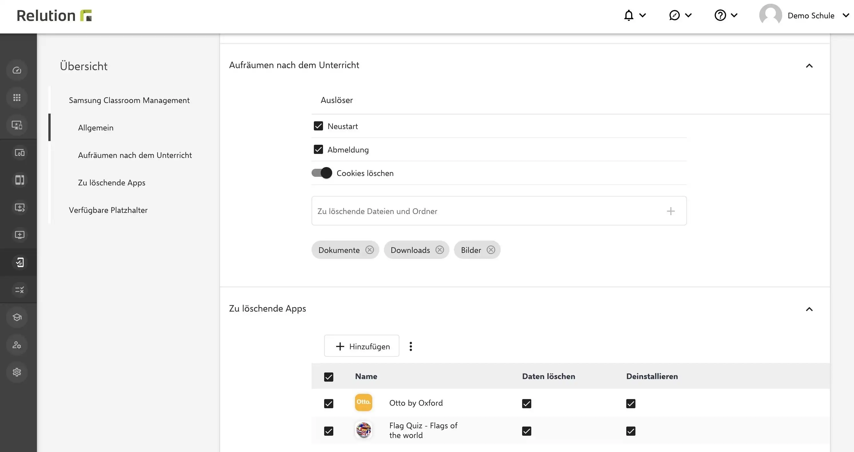Einstellungen in Relution zur Konfiguration der Samsung Classroom Management App mit Optionen zum Löschen von Dateien, Ordnern und Apps, die über „Apps verwalten“ für Android Enterprise installiert wurden