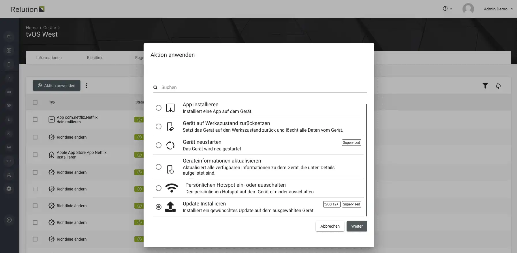 OS-Update-Aktion in den Geräte-Details von Relution zur Installation neuer Betriebssystemversionen auf tvOS-Geräten