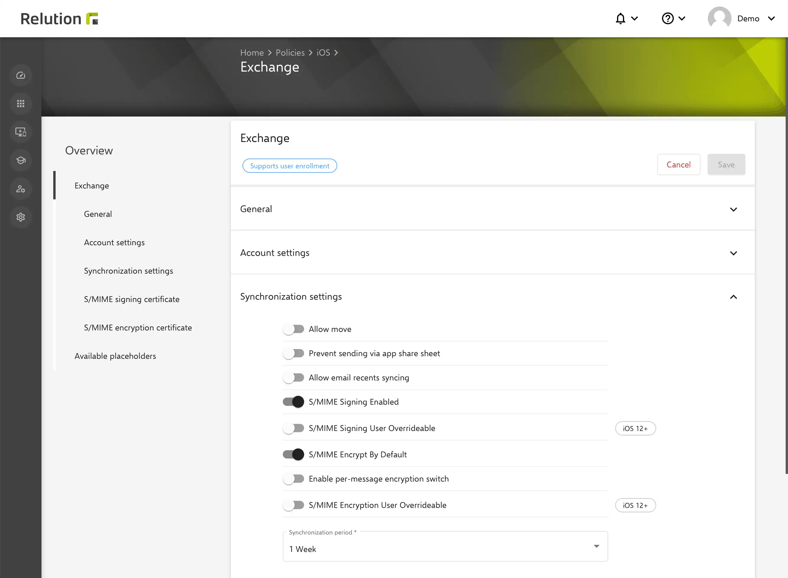 Vista de la configuración de Exchange en Relution con opciones para habilitar S/MIME y certificados de usuario