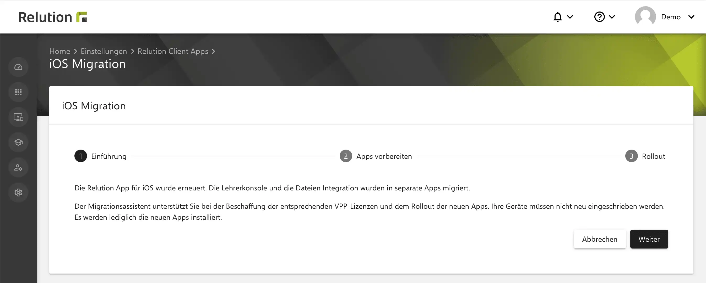 Erster Schritt im Bereich iOS Client im Relution Portal unter Einstellungen für Relution Client Apps, der eine Anleitung zur Beschaffung von VPP-Lizenzen und zur Migration eingeschriebener Bestandsgeräte auf die neuen Apps zeigt
