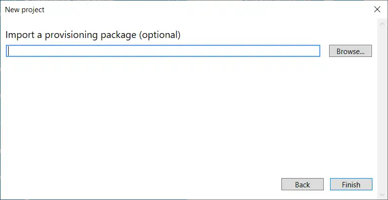 Screenshot des Installationsbildschirms mit der Option, den Import eines Bereitstellungspakets zu überspringen und den Vorgang mit „Fertig stellen“ abzuschließen