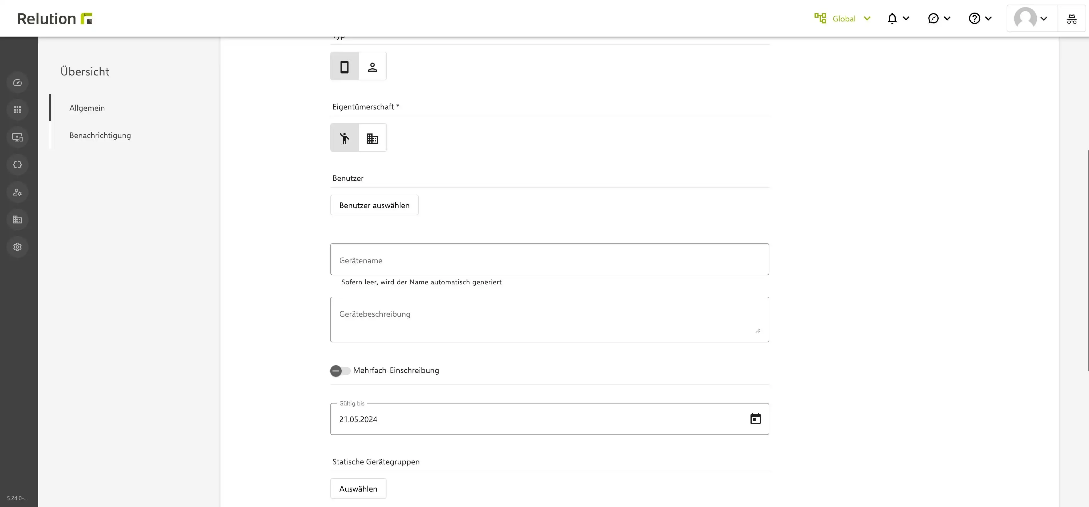 Ansicht in Relution mit neuer Option zur Zuordnung von Geräten zu statischen Gerätegruppen während der Einschreibung