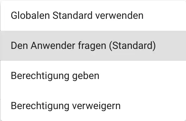 Konfigurationsansicht in Relution zur Verwaltung von Laufzeitberechtigungen mit den Optionen, Berechtigungen global zu definieren, den Anwender zu fragen, Berechtigungen zu geben oder zu verweigern