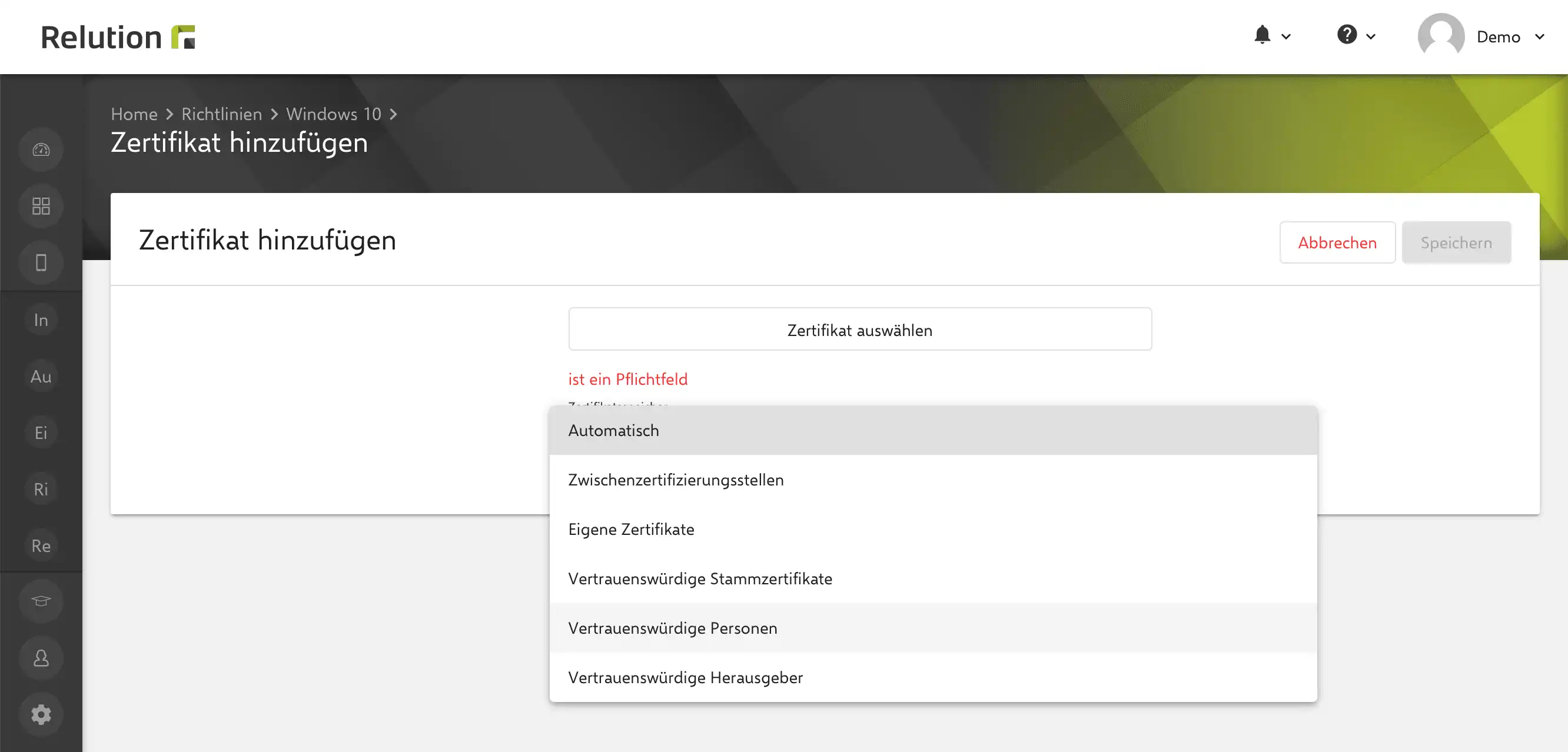 Windows 10 „Zertifikat“-Konfiguration in Relution zur Installation hochgeladener Zertifikate und Festlegung des KeyStores für systemweite oder benutzerspezifische Zertifikatsanwendung