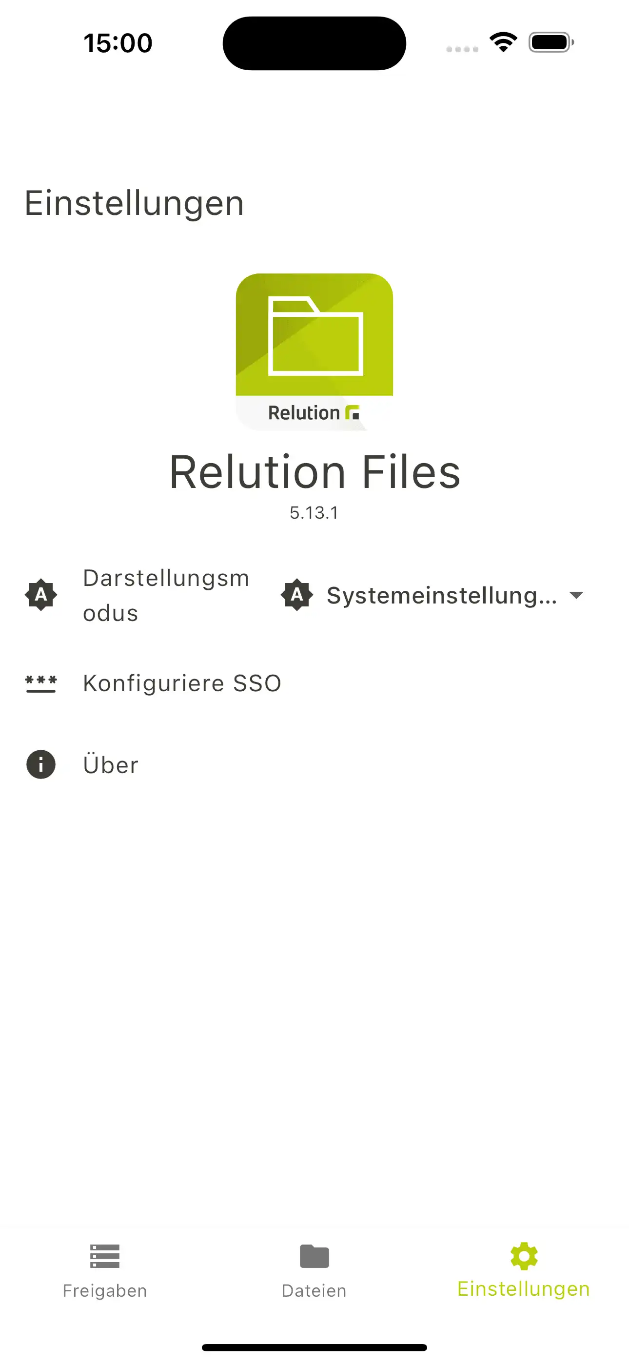 Screenshot verschiedener Einstellungsmöglichkeiten der Relution Files App