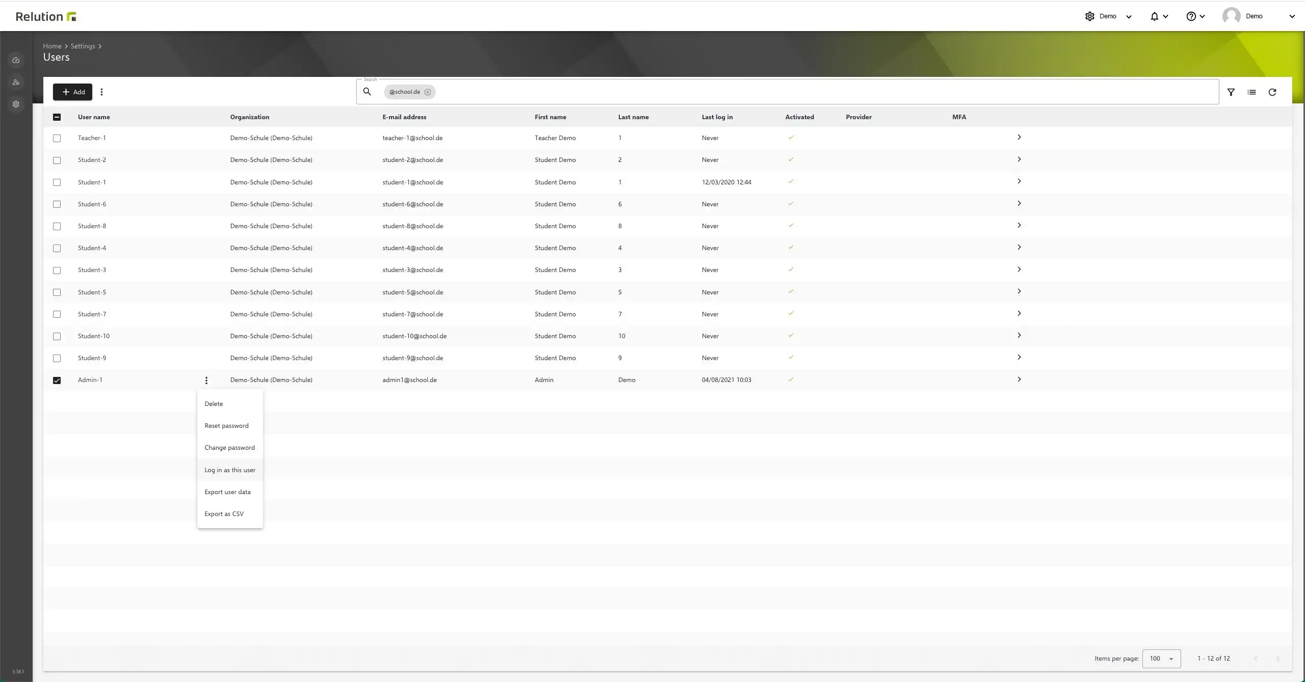 Opción para deshabilitar la suplantación en clientes « System » mediante el parámetro de configuración « relution.security.impersonation.enabled=false »