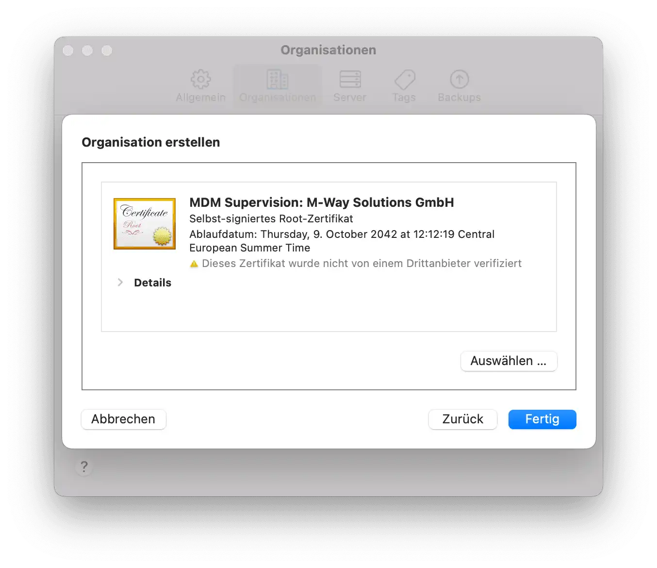 Erstellung einer Organisation im Apple Configurator mit Anzeige eines zugeordneten Supervisionszertifikats