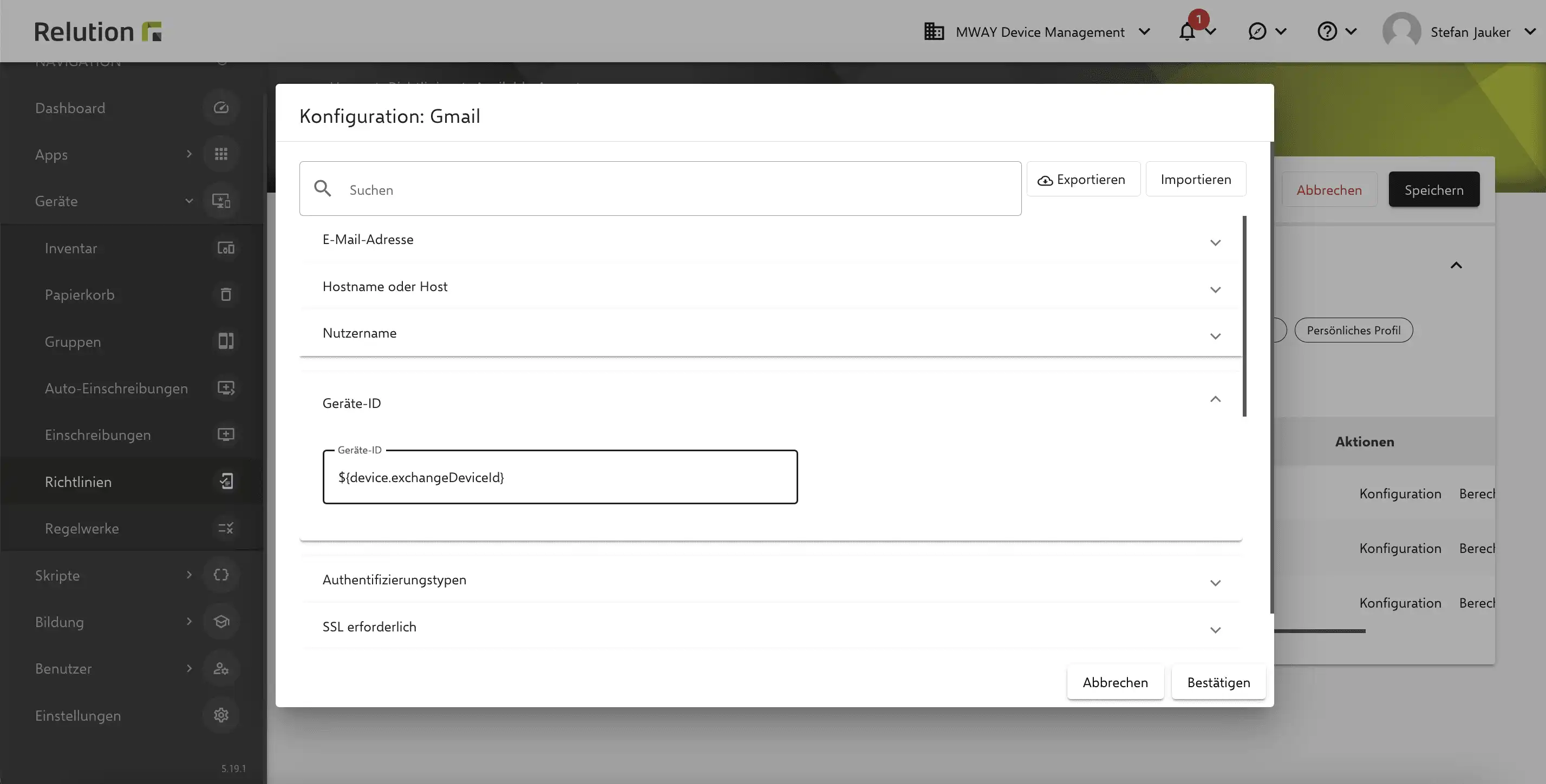Einstellung in Relution zur Konfiguration einer eindeutigen Geräte-ID für Exchange Konten auf Android Enterprise-Geräten