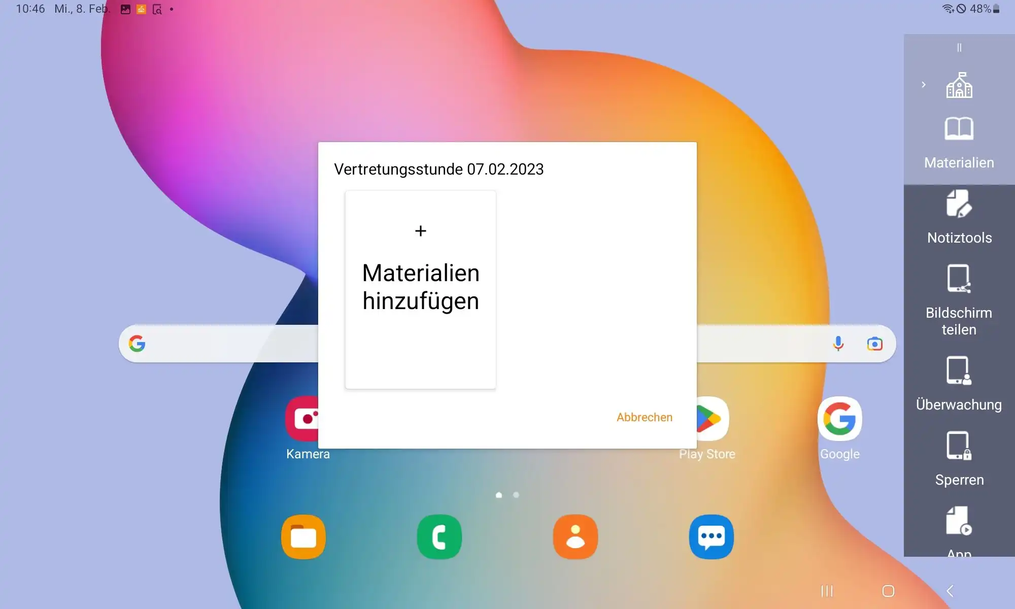 Bereich „Materialien hinzufügen“ in der Relution Teacher App mit Übersicht der Dateien, die für den aktuellen Unterricht benötigt und mit Schülern geteilt werden können