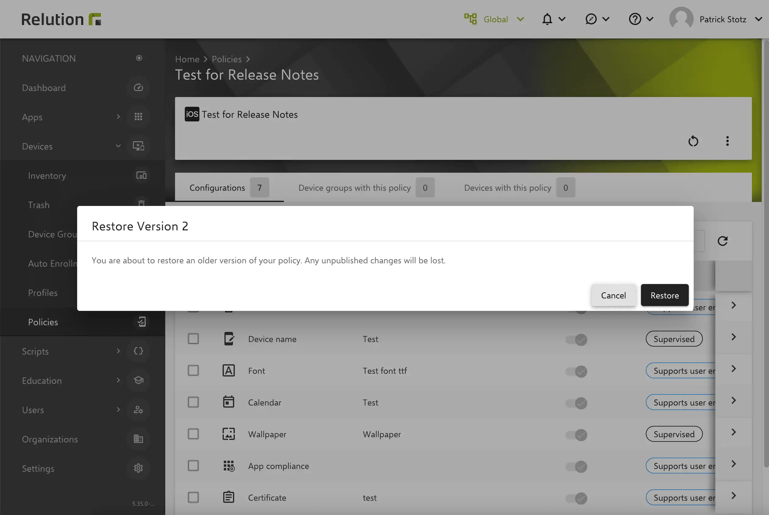Screenshot showing confirmation of version restoration in Relution
