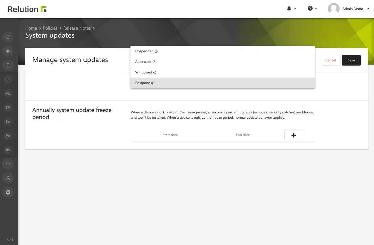 Configuration overview "Manage System Updates" in Relution for setting update options for Android Enterprise devices, such as automatic updates, maintenance windows, or postponements