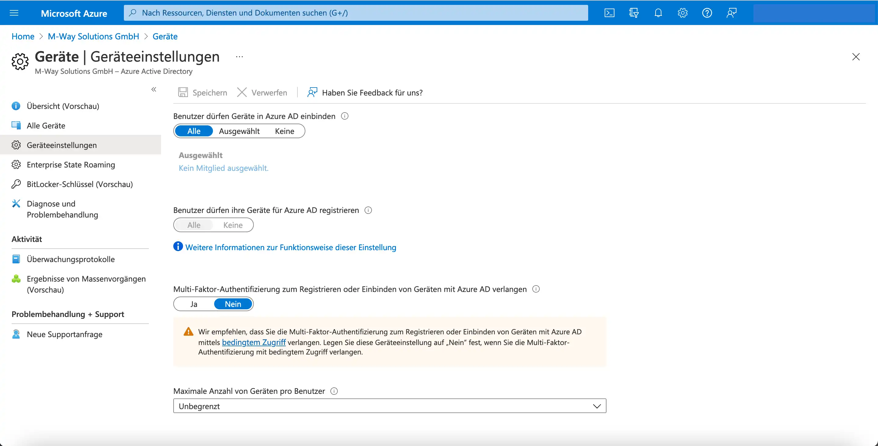 Ansicht in Microsoft Azure unter Geräte und Geräteeinstellungen mit Optionen zur Gerätebindung, Registrierung und der maximalen Anzahl von Geräten pro Benutzer