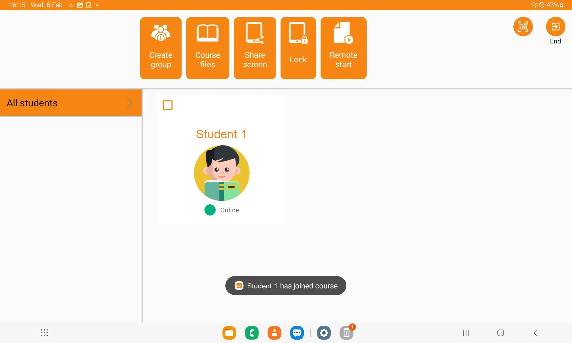 Vista de la aplicación Samsung Classroom Management después de hacer clic en « Entrar en el aula », mostrando la clase correspondiente desde Relution