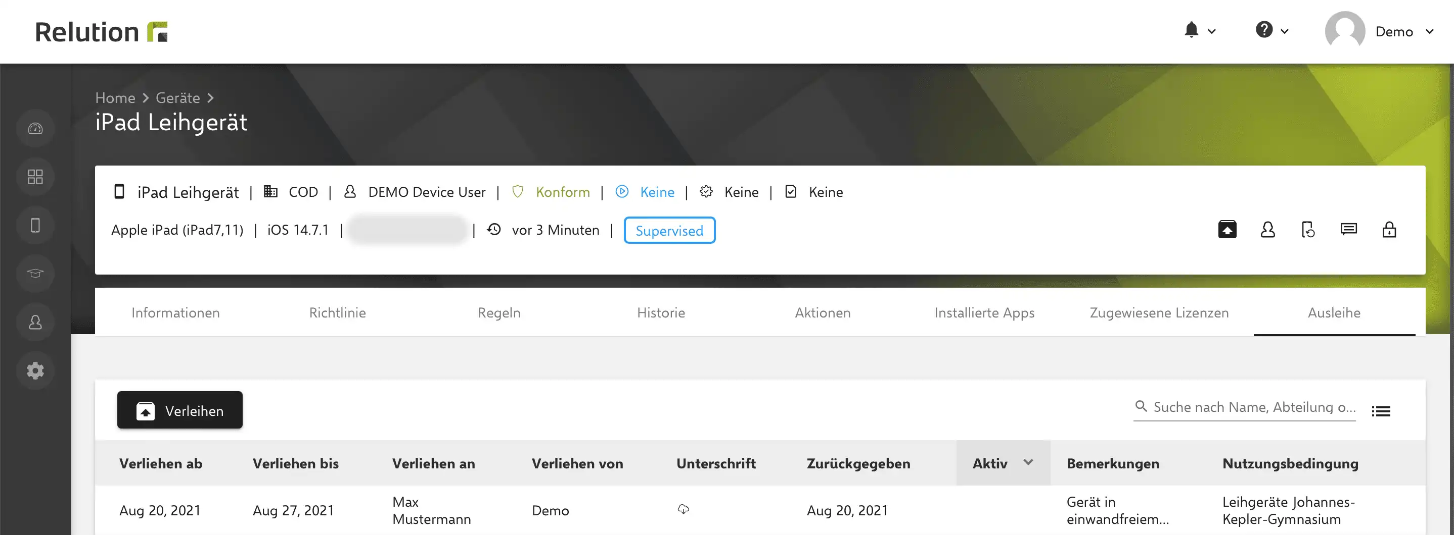 Übersicht in Relution „Ausleihe“, die ein zurückgegebenes Gerät anzeigt, das wieder als Leihgerät verfügbar ist