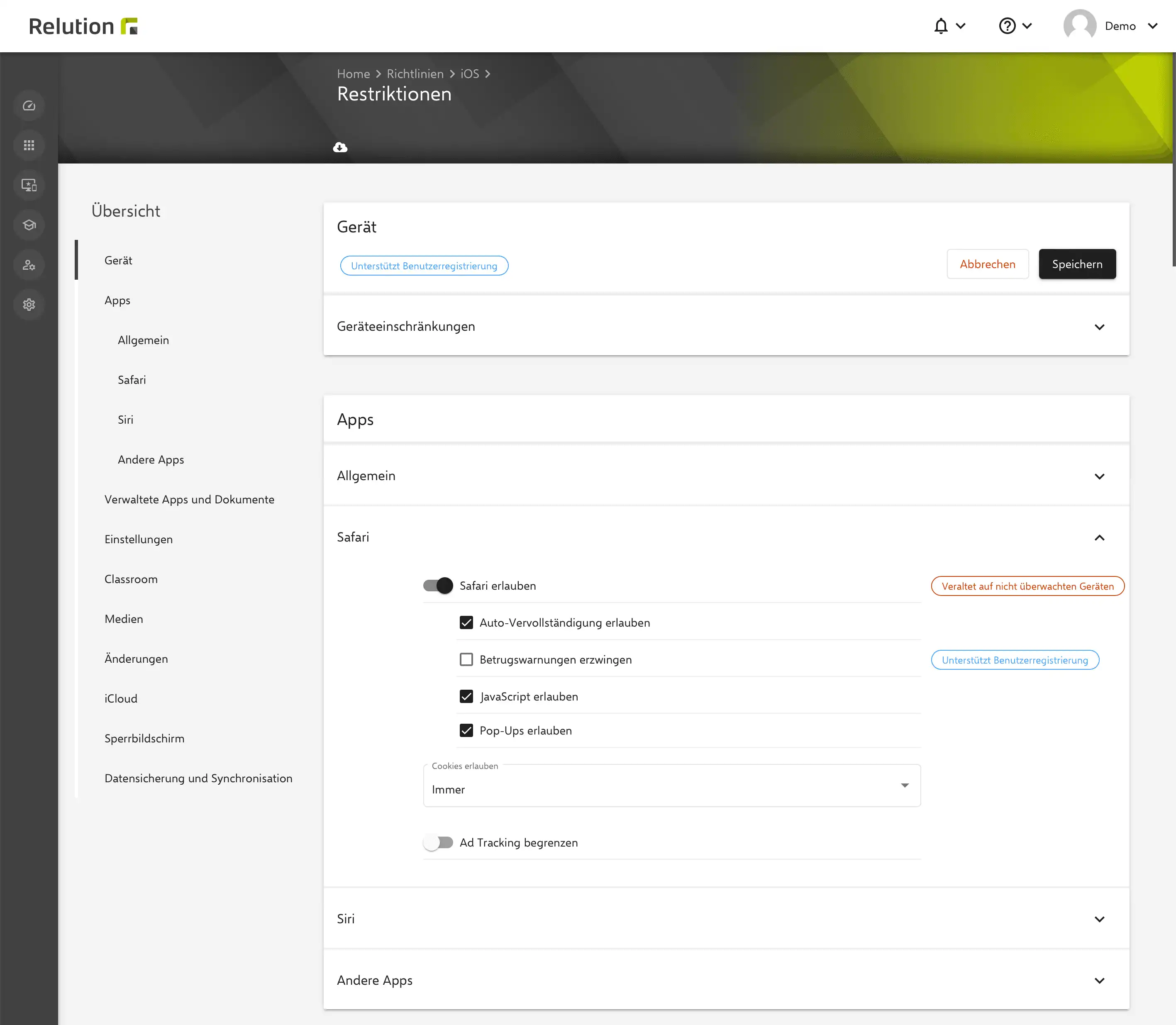 Überarbeitete Benutzeroberfläche im Relution Portal mit neuer Ankerleiste und ein- und ausklappbaren Sektionen für eine verbesserte Navigation