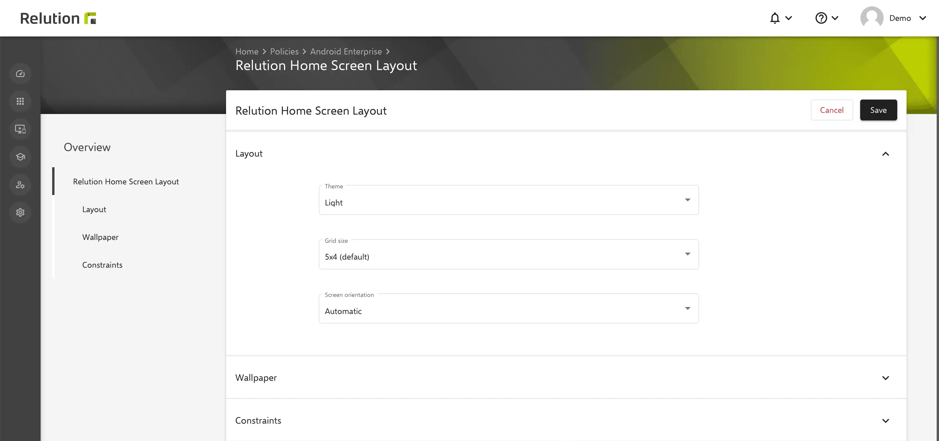 Screenshot of the Relution Homescreen Layout configuration with settings for theme, grid size, and screen orientation