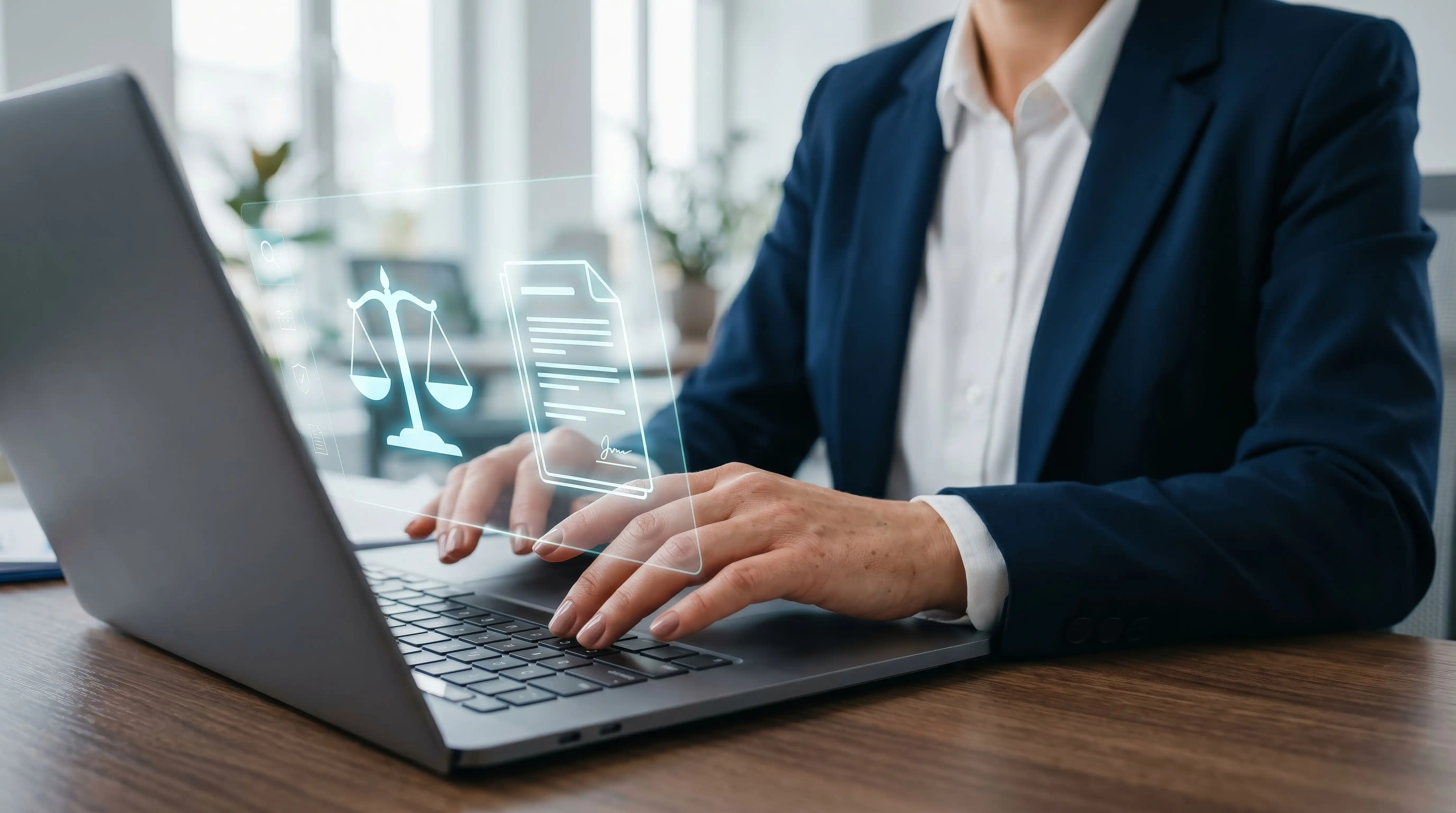 Person im dunklen Sakko tippt an einem Laptop, darüber eingeblendet leuchtende Symbole einer Waage und eines Dokuments.