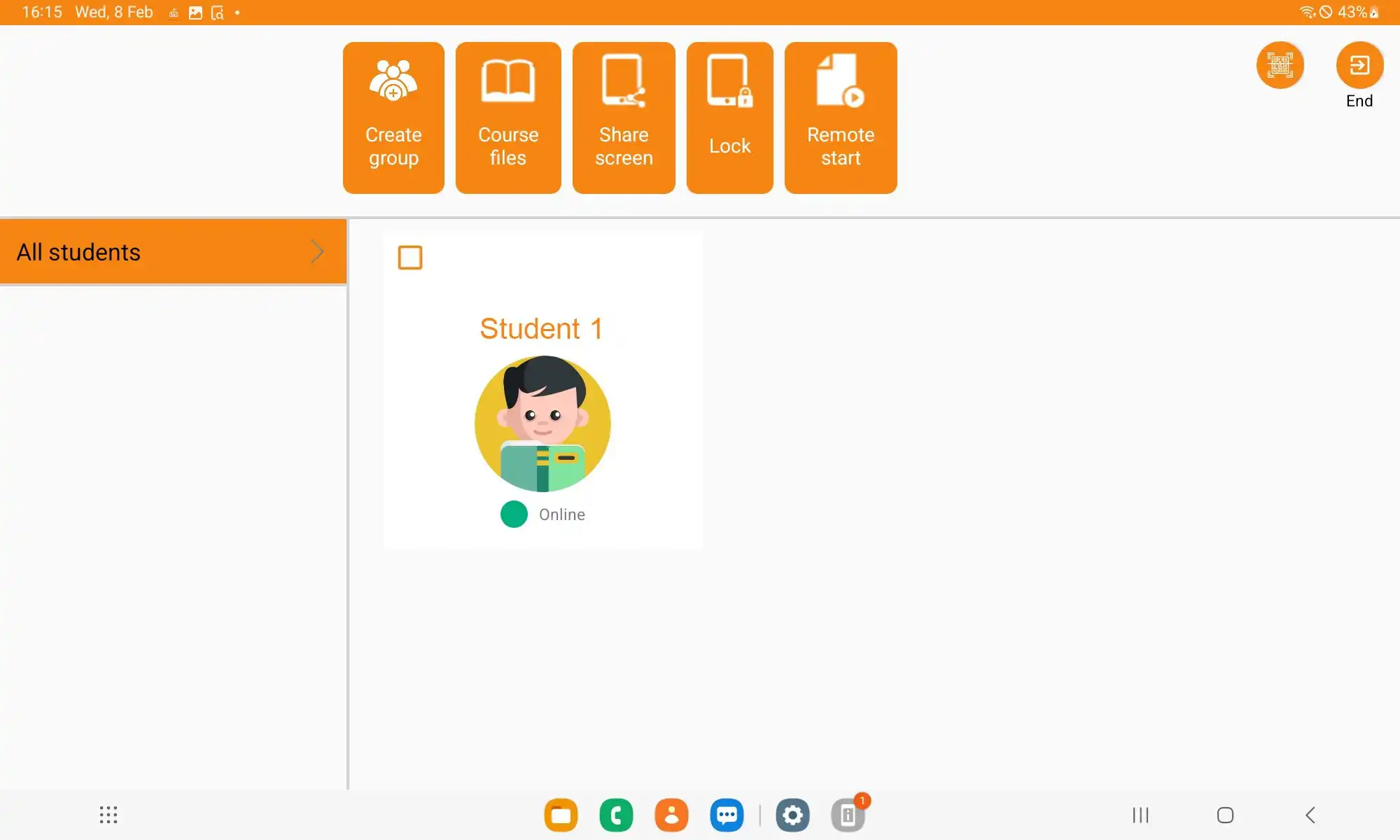 Vista general de « Monitoreo » en la aplicación Samsung Classroom Management con la visualización del estado de los dispositivos de los estudiantes y la opción de ver las pantallas individuales