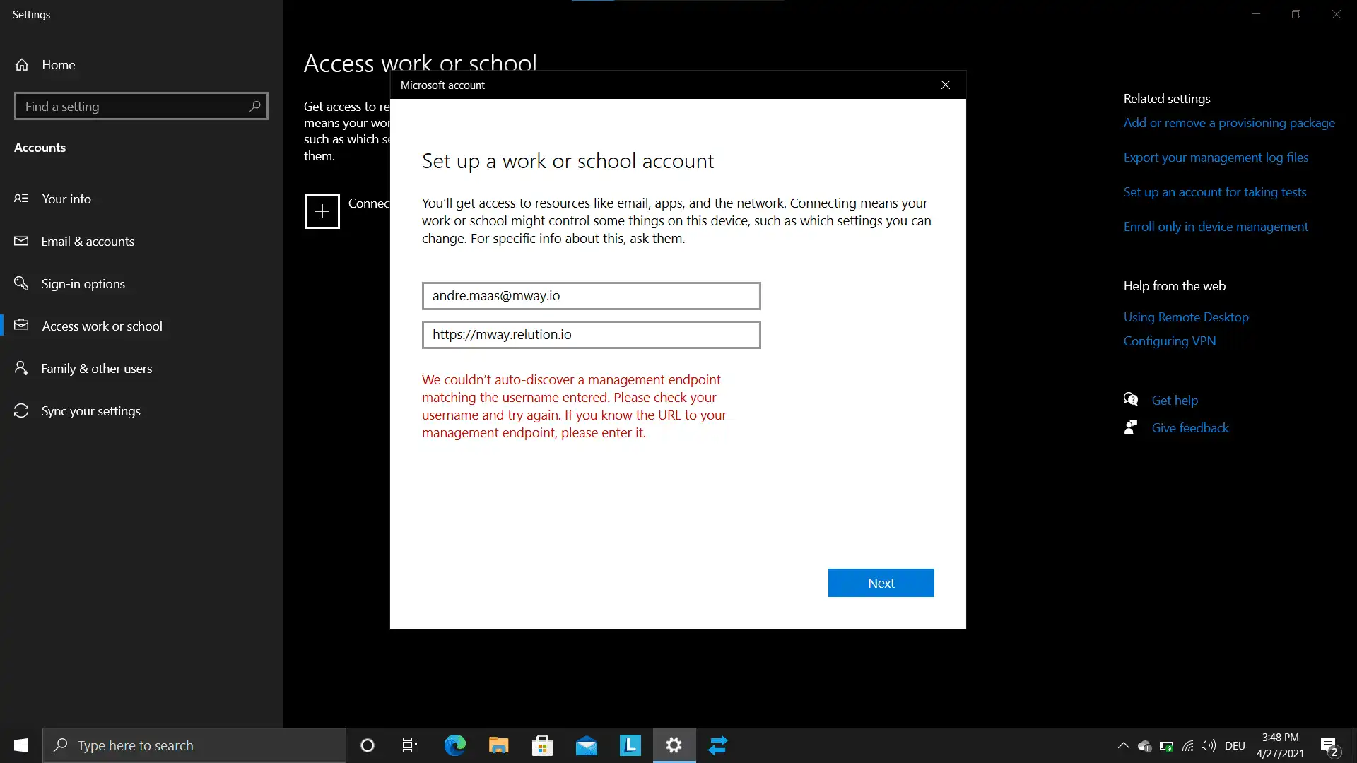 Relution kullanıcısının e-posta adresi ve MDM sunucu URL'si için alanlara sahip Windows ayarlarında kayıt giriş formu