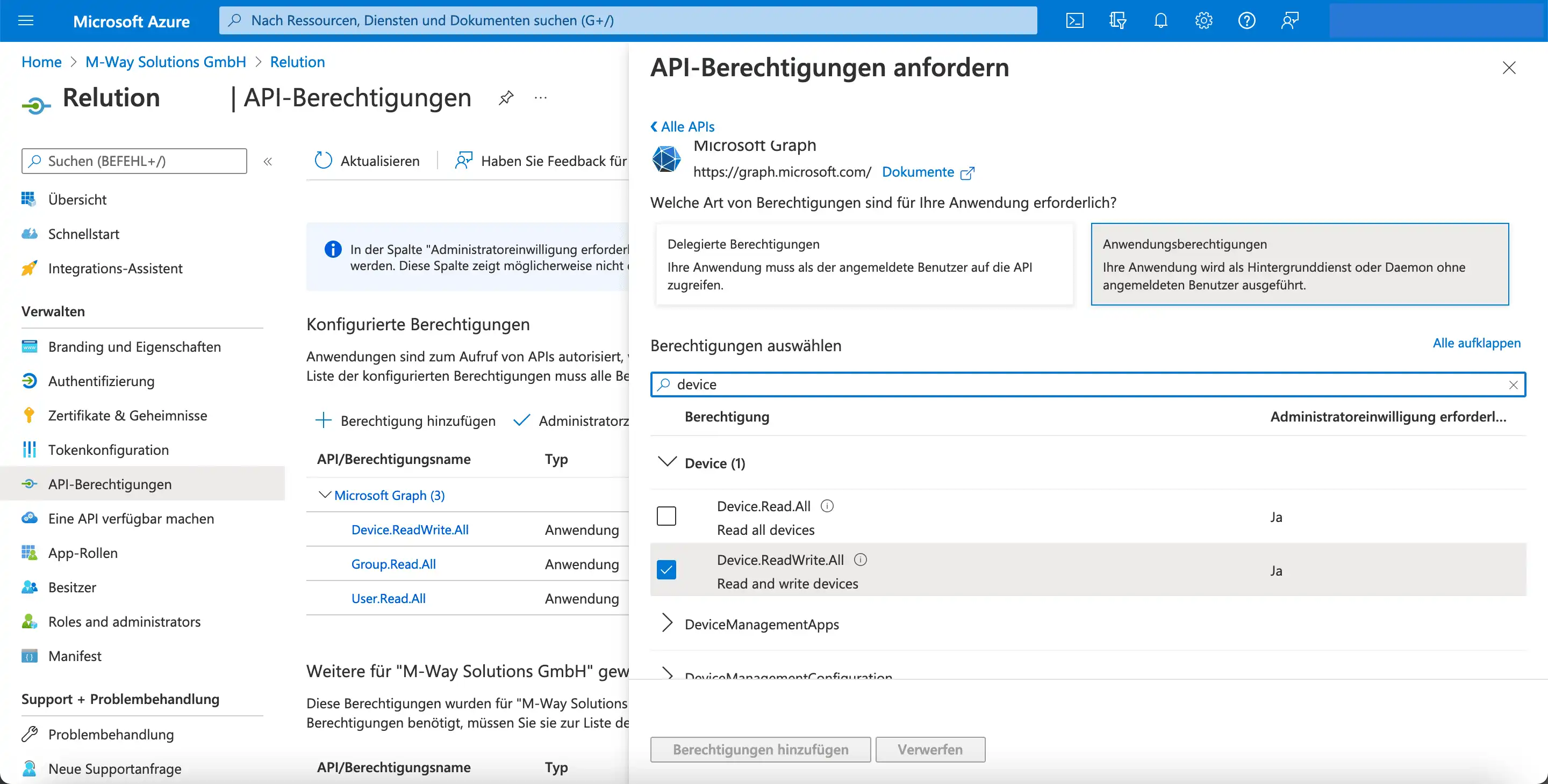 Konfigurationsbereich in Microsoft Azure mit Auswahl von „Device.ReadWrite.All“ unter „Device“ und Bestätigung durch „Berechtigungen hinzufügen“