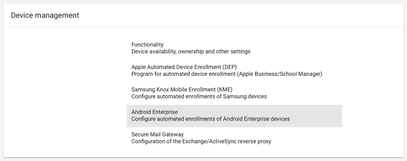 Android Enterprise cihazlarının otomatik kaydı için seçilen "Android Enterprise" seçeneğiyle Relution'da "Cihaz Yönetimi" bölümü
