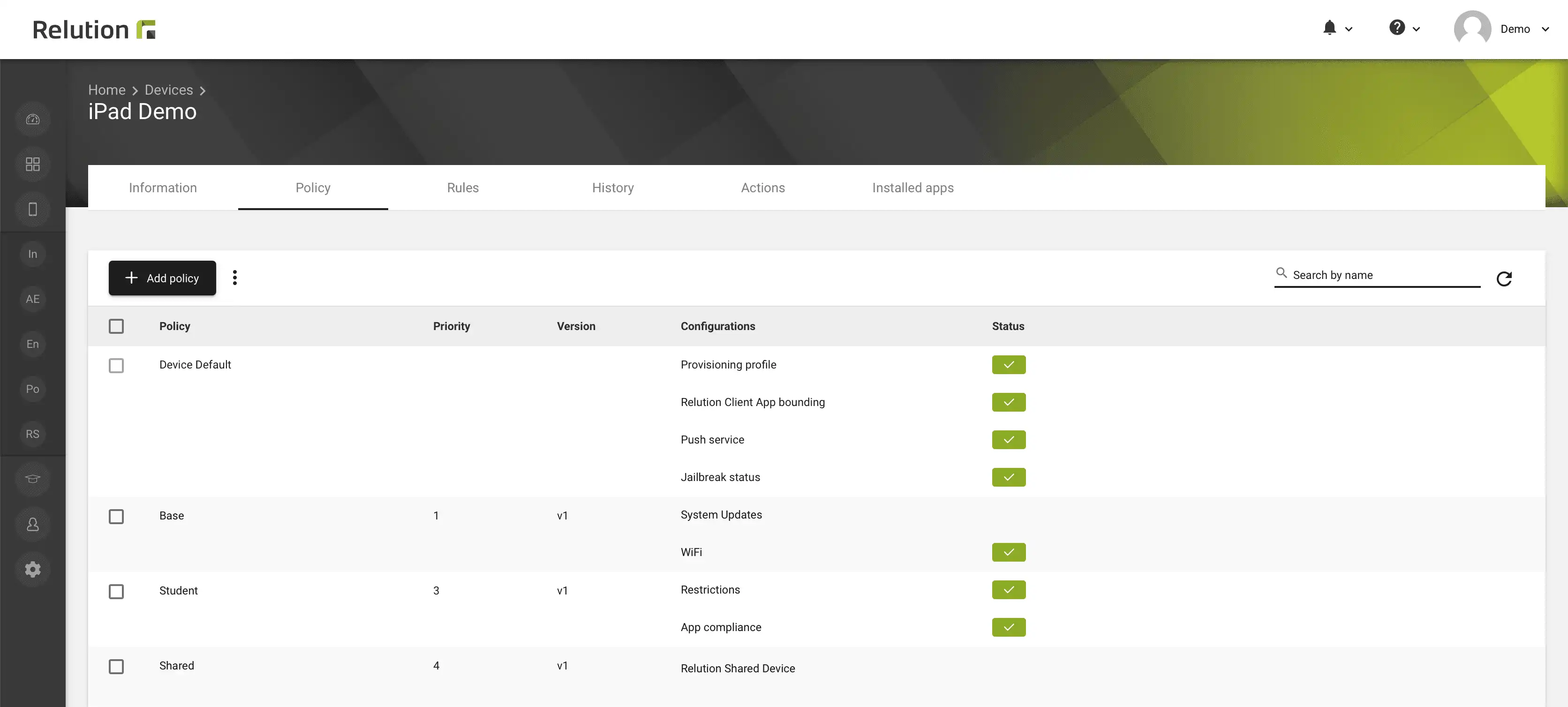 Revised compliance view in the device details of Relution to display all configurations per applied policy
