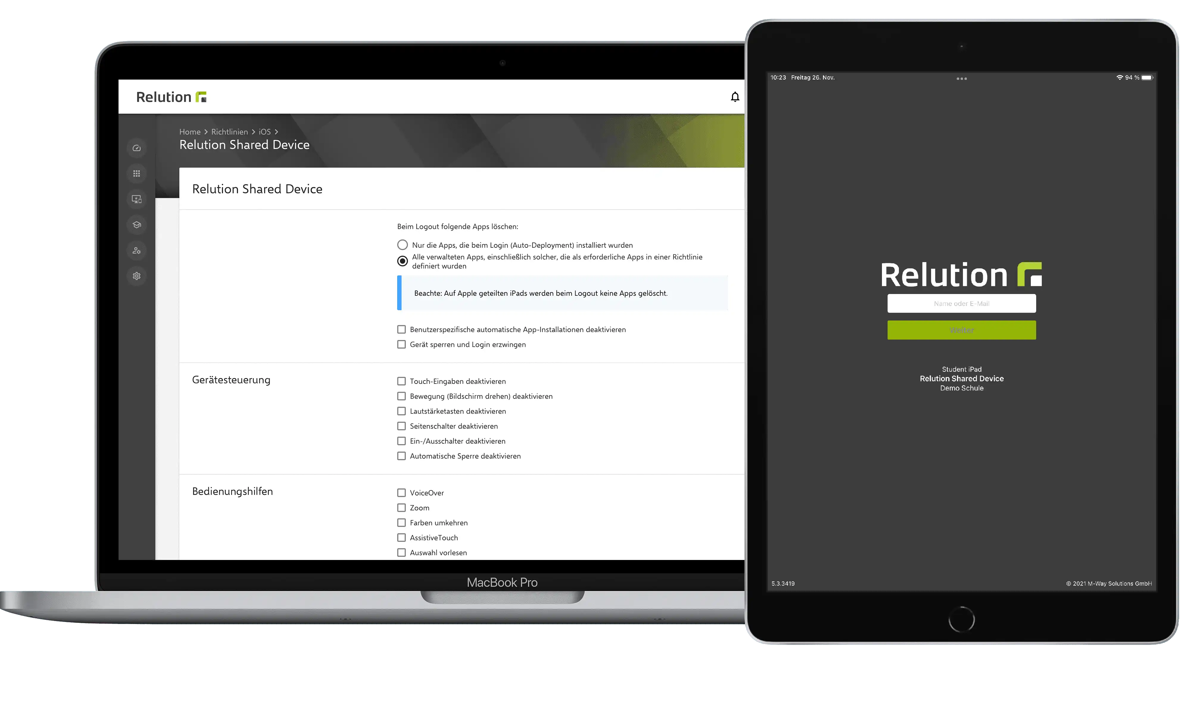 Links ein Laptop mit einer Auswahl von Einstellungen für Relution Shared Device, rechts daneben ein iPad mit Loginmaske für Relution