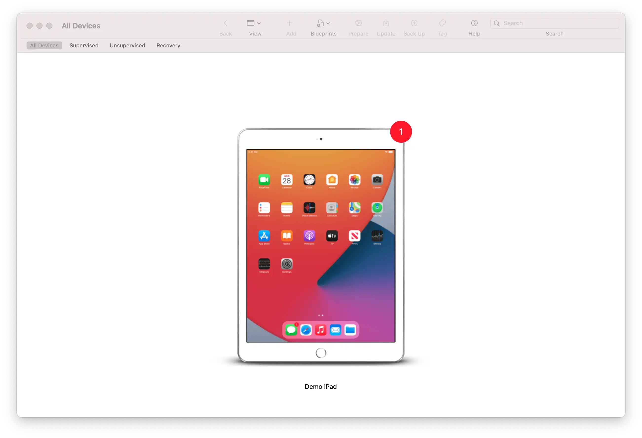 Representación de la sección « Todos los dispositivos » en Apple Configurator 2 con la opción de agregar un iPad posteriormente mediante « Preparar… »