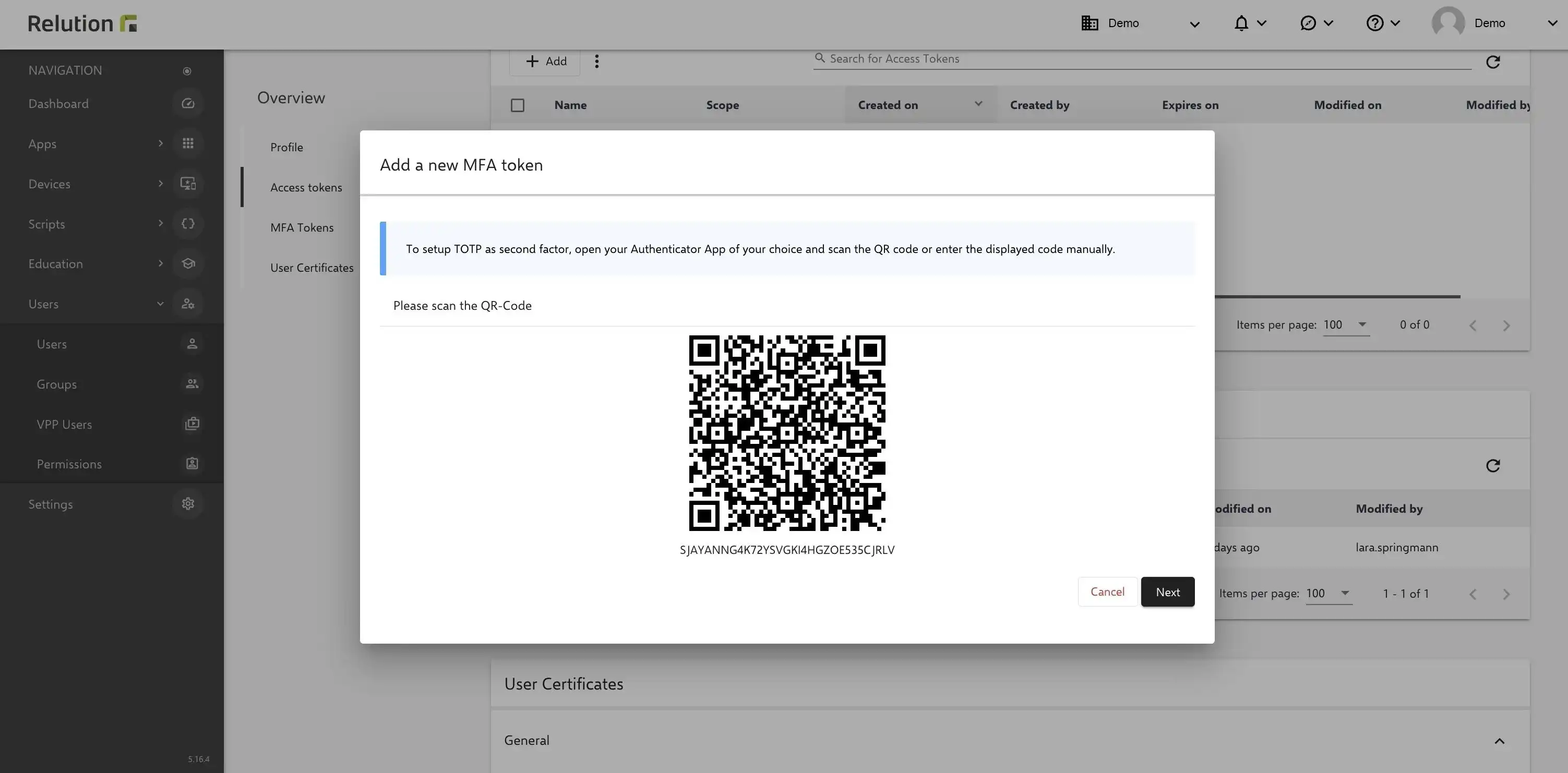 View in the Relution portal for setting up a new MFA token with the "Authenticator App" option and displaying a QR code for verification