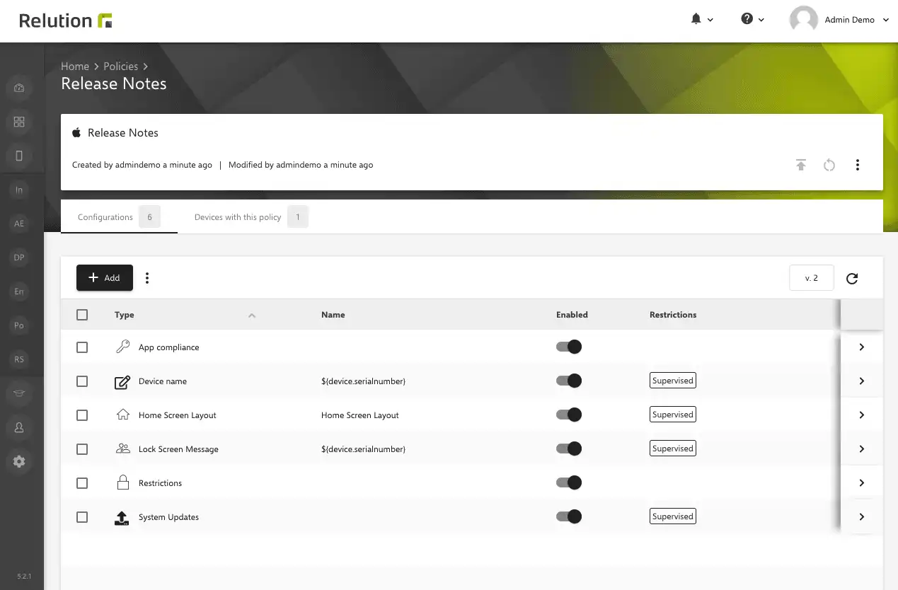 Info Box in Relution for managing policies with relevant information and quick access to actions such as publishing, editing, or deleting policies