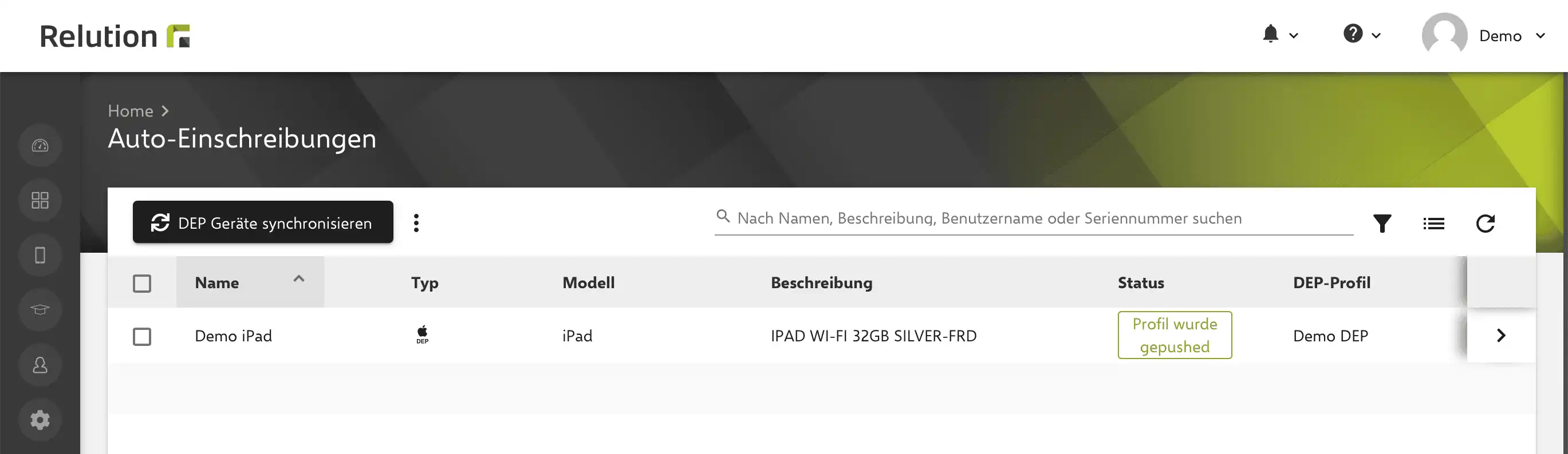 Bereich „Auto-Einschreibungen“ in Relution zur Abschlusskonfiguration der automatischen Einschreibung neuer DEP-Geräte