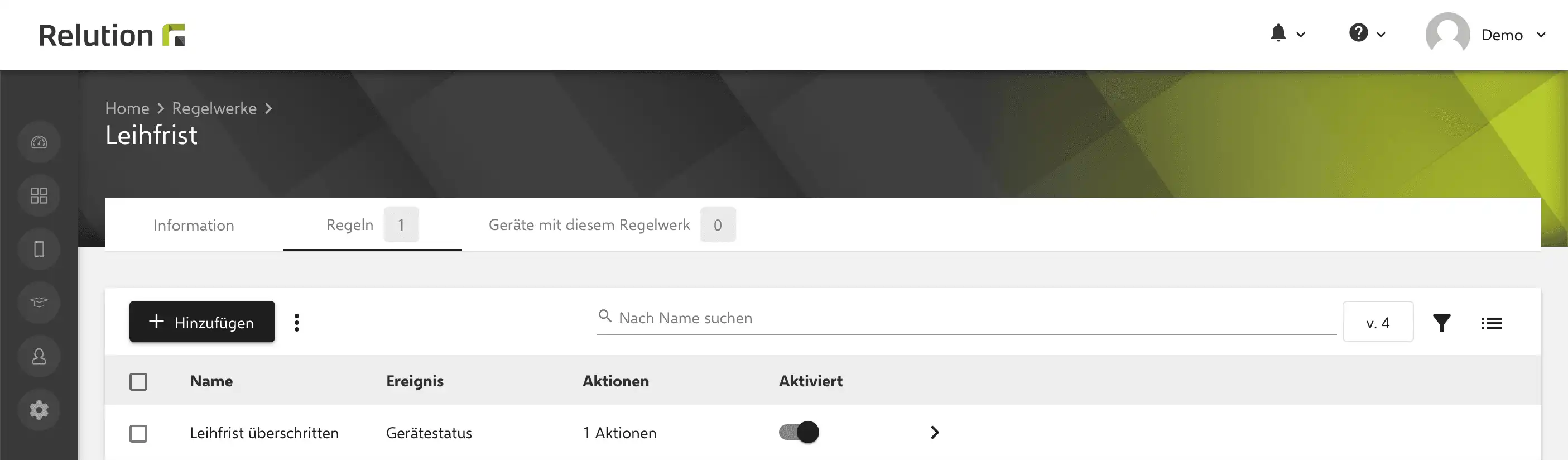 Regelwerk in der Relution App für überschrittene Leihfristen, das bestimmten Leihgeräten zugewiesen werden kann