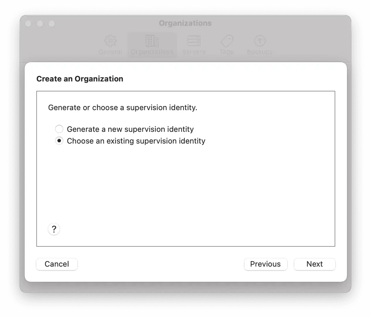 Selección de una identidad de supervisión existente en Apple Configurator para una configuración adicional