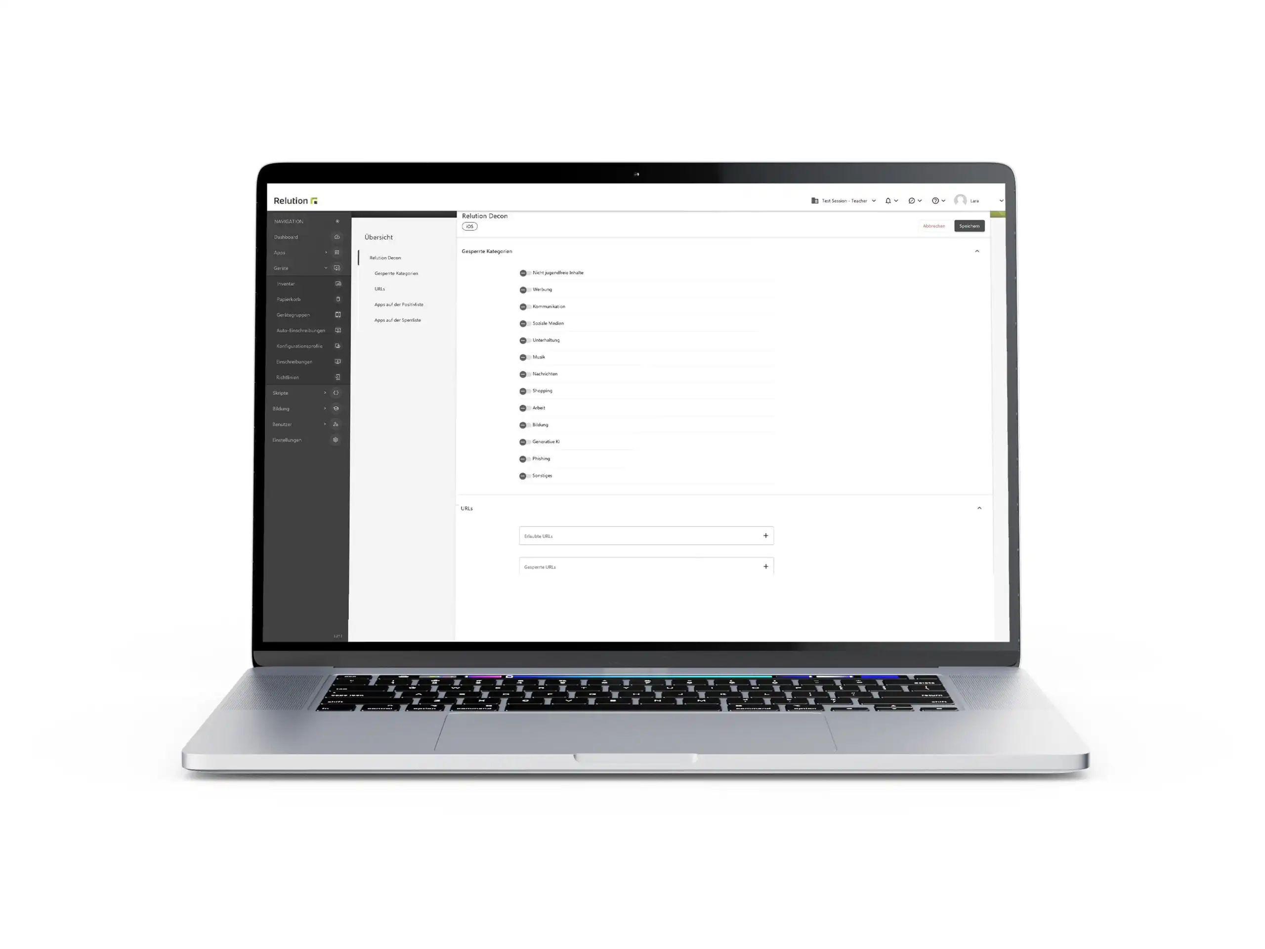 Panoramica delle impostazioni in Relution Decon con opzioni per configurare categorie di filtro come « Contenuti per adulti », « Social media » e « Phishing »