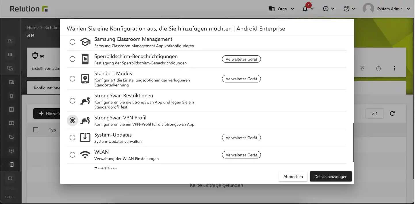 Darstellung der neuen StrongSwan VPN-Konfiguration in Relution zur Einrichtung eines VPN für Android Enterprise Geräte mit kompatiblem Server