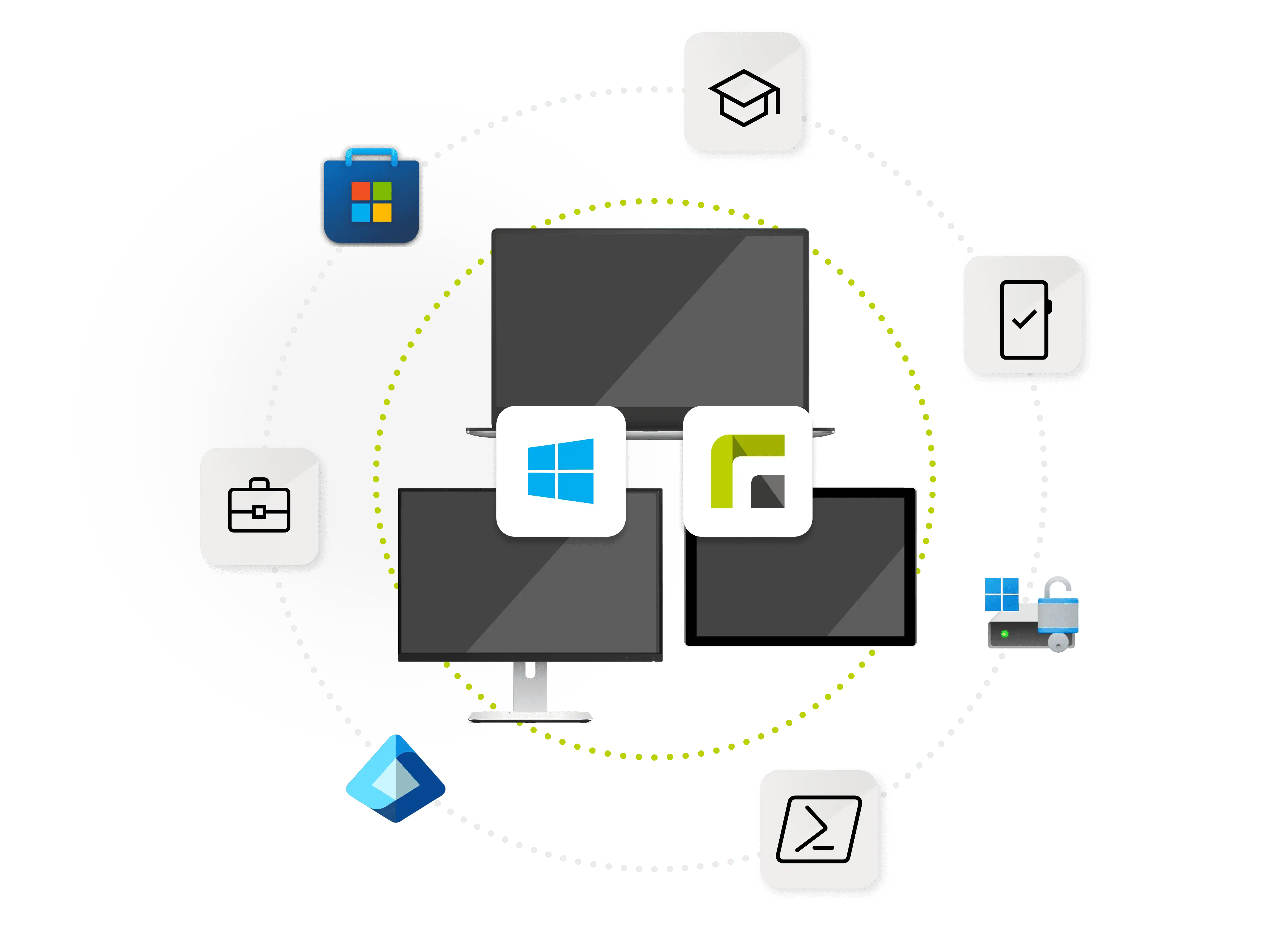 Ortada dizüstü bilgisayar ve monitörler, bunların önünde Windows logosu ve Relution logosu, etrafında ise Microsoft Store, Intune, PowerShell, mezuniyet şapkası, evrak çantası, akıllı telefon ve güvenli bir Windows sunucusunu temsil eden simgeler.