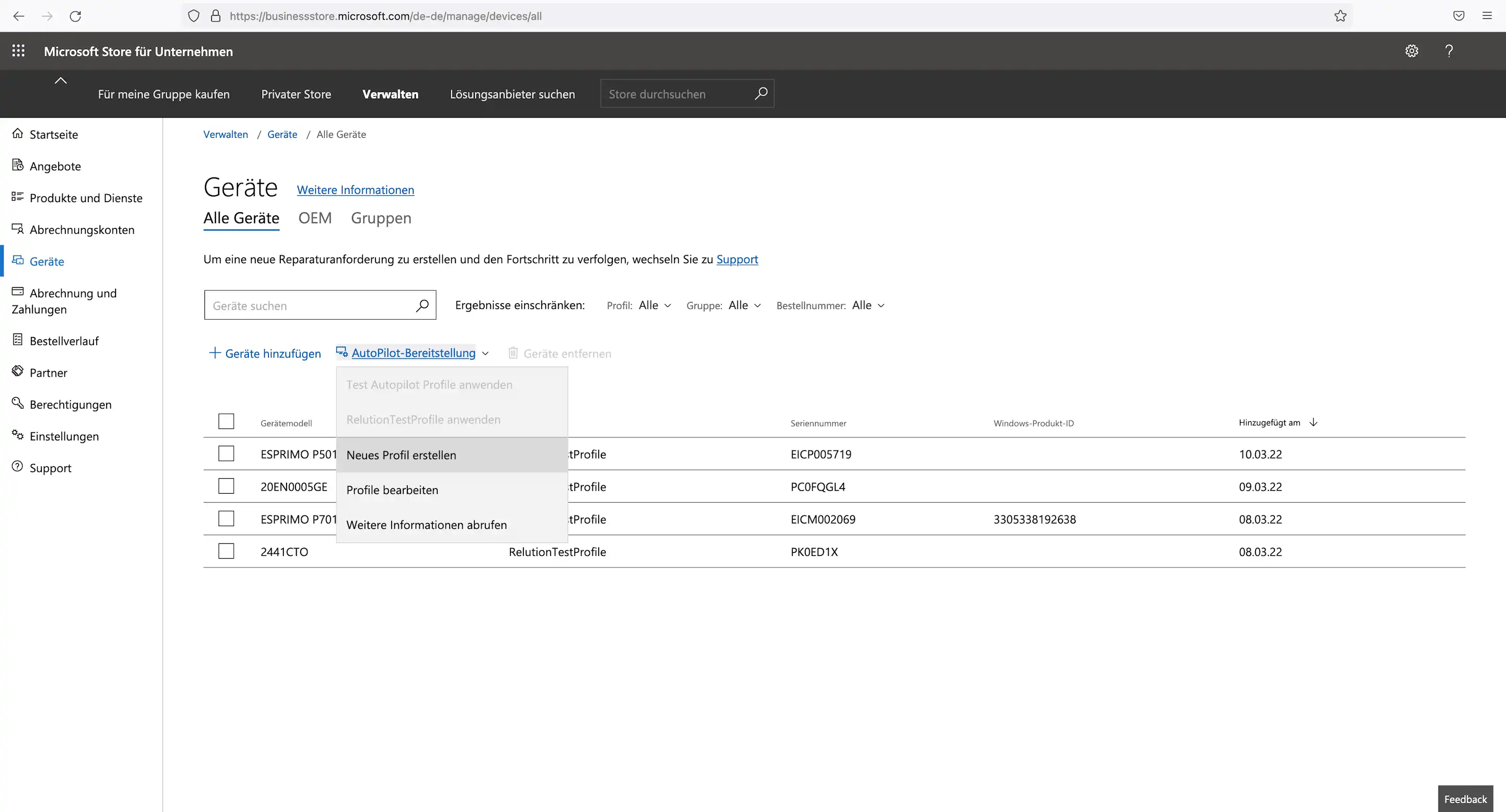 Erstellung eines neuen Autopilot-Bereitstellungsprofils im Microsoft Business Store unter „Geräte“ und „Autopilot-Bereitstellung“