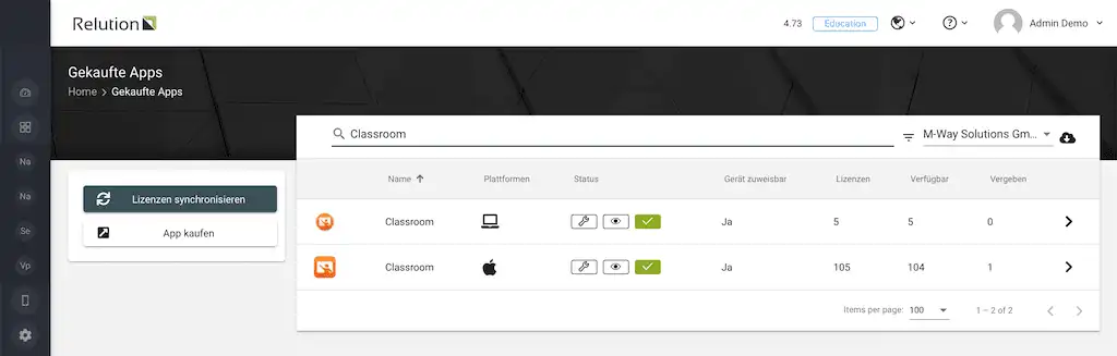 Menüansicht in Relution im Bereich „Gekaufte Apps“ mit einer Liste der für macOS-Geräte beschafften Apps über den Apple School Manager und das Volume Purchase Program (VPP)