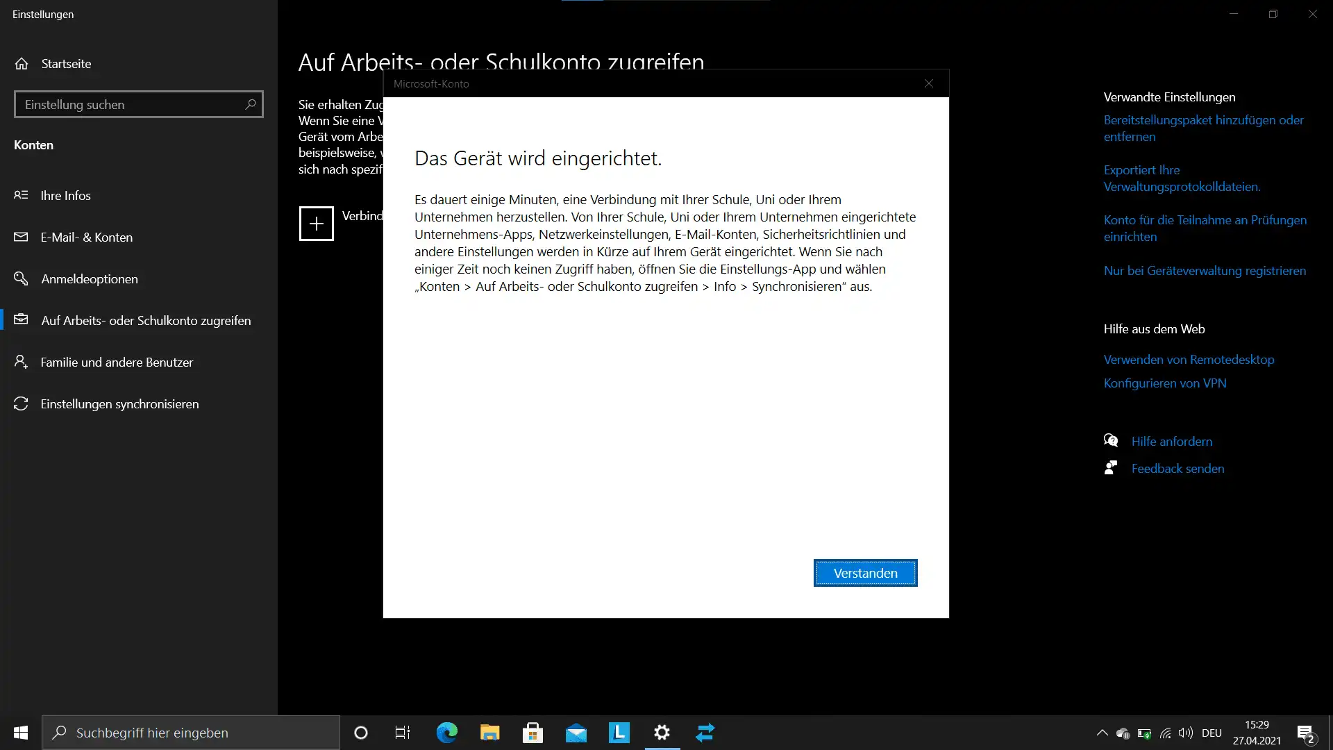 Meldung zur laufenden Einrichtung eines Windows-Geräts nach Eingabe des Einschreibecodes
