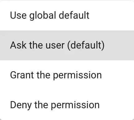 Vista di configurazione in Relution per gestire le autorizzazioni di runtime con opzioni per definirle globalmente, chiedere all'utente, concederle o negarle