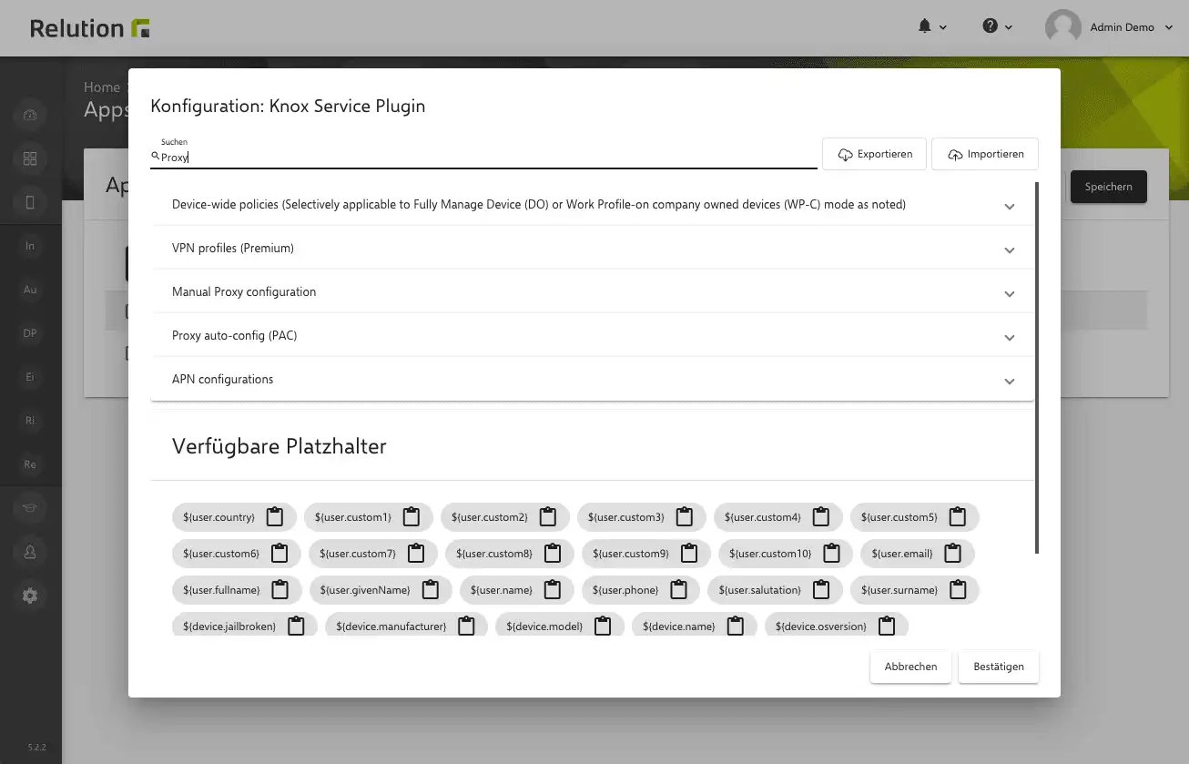 Ansicht der Funktion zum Export und Import von Managed App Konfigurationen in Relution 5.2 zur komfortablen Verwaltung und organisationsübergreifenden Verteilung
