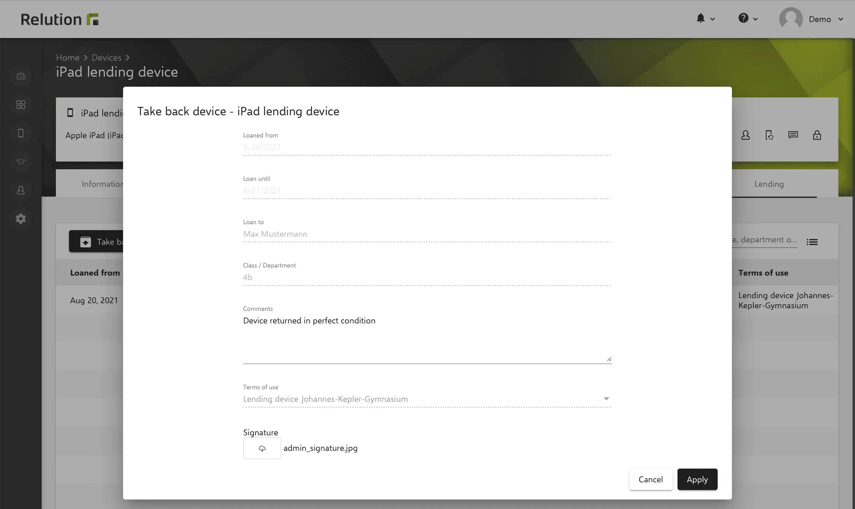 Interface dans Relution avec des options pour retourner un appareil, y compris le raccourci « Retourner l'appareil » ou le bouton « Retour » dans l'onglet « Prêt »